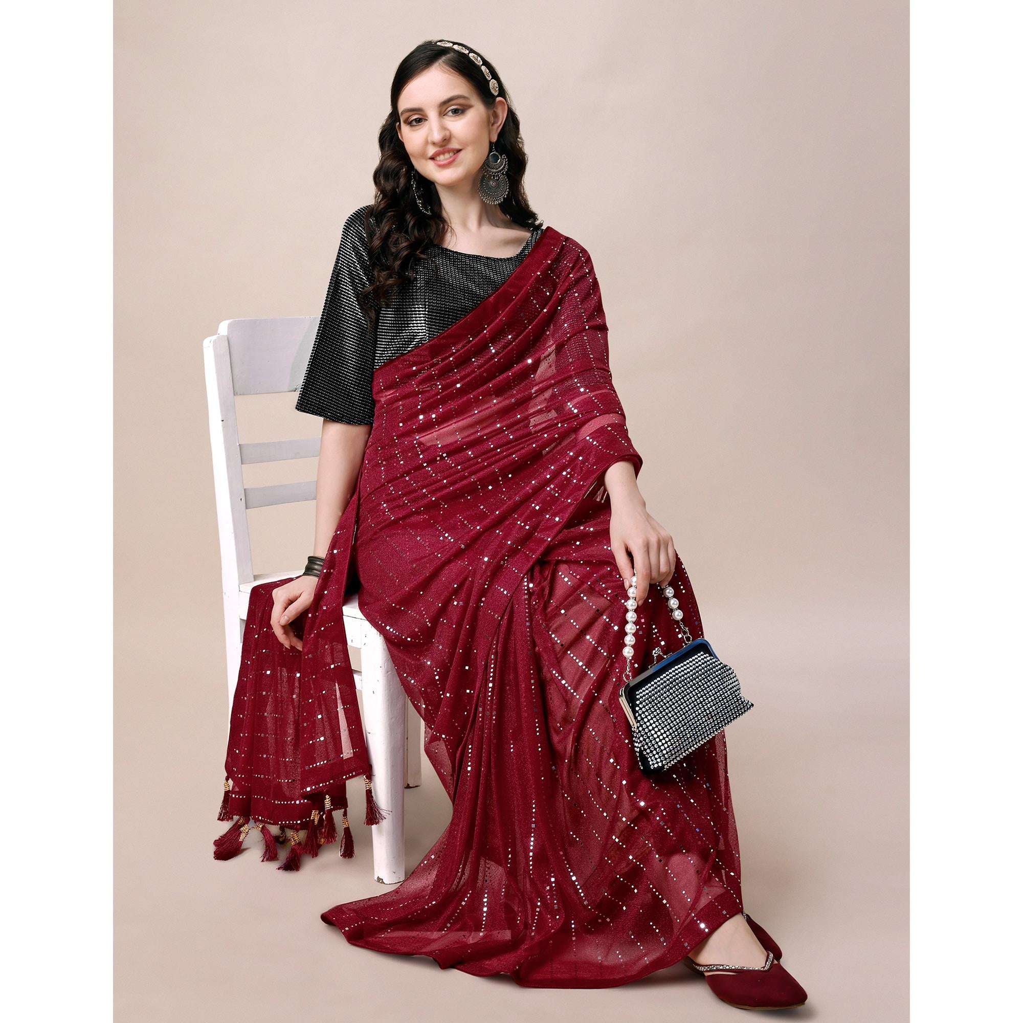 Maroon Striped Foil Printed Rayon Saree