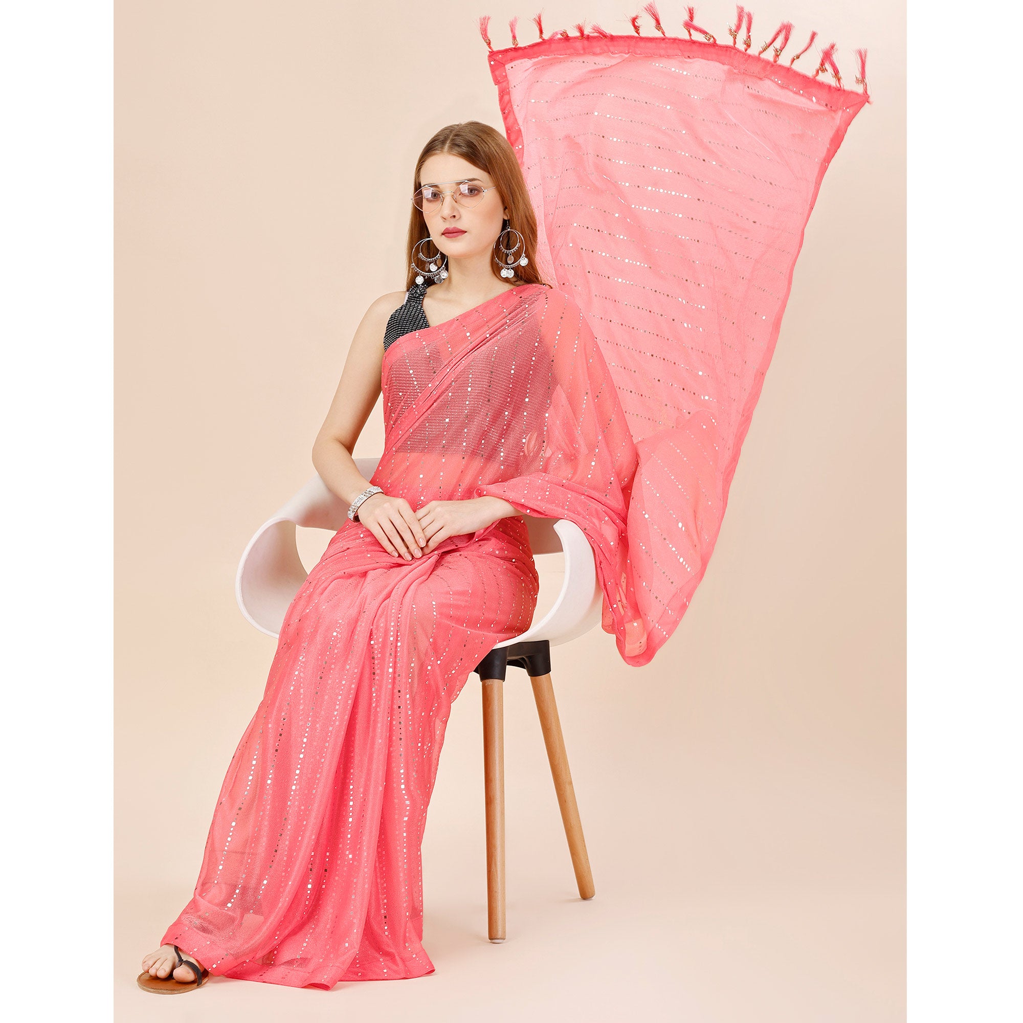 Pink Tikki Work Lycra Saree With Embroidered Border