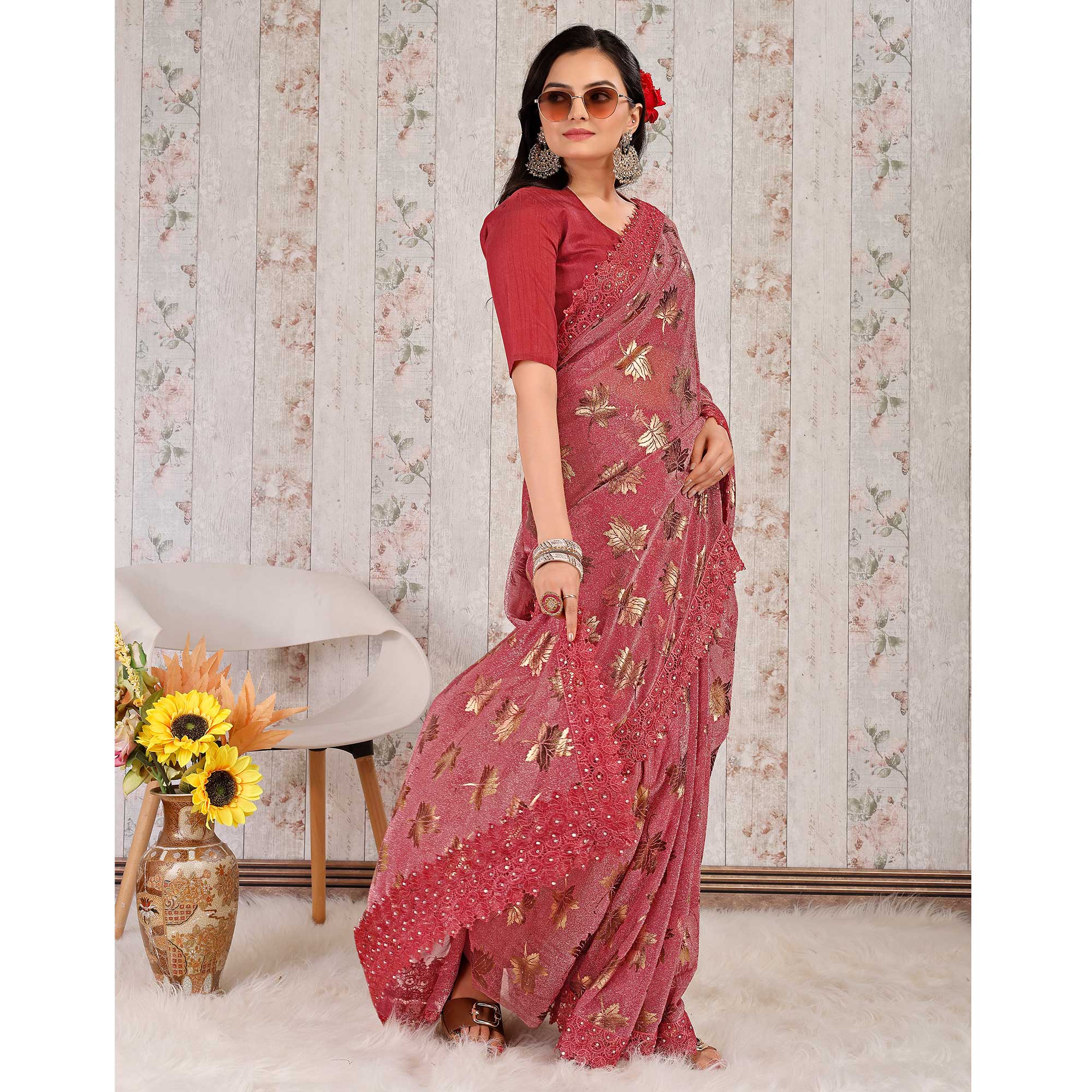 Pink Foil Printed Lycra Saree With Embroidered Lace Border