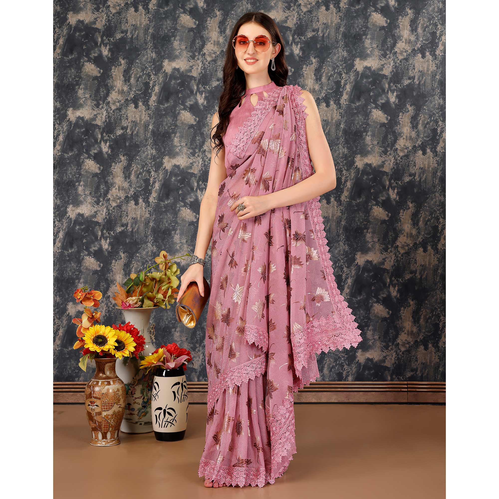 Pink Foil Printed Lycra Saree With Embroidered Lace Border