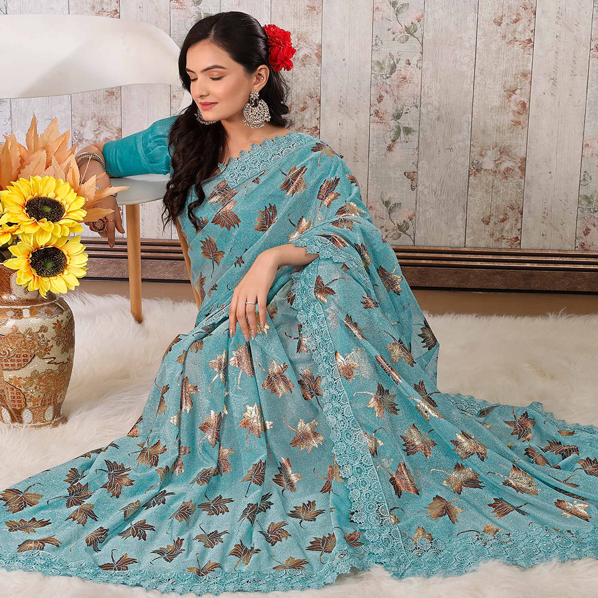 Blue Foil Printed Lycra Saree With Embroidered Lace Border