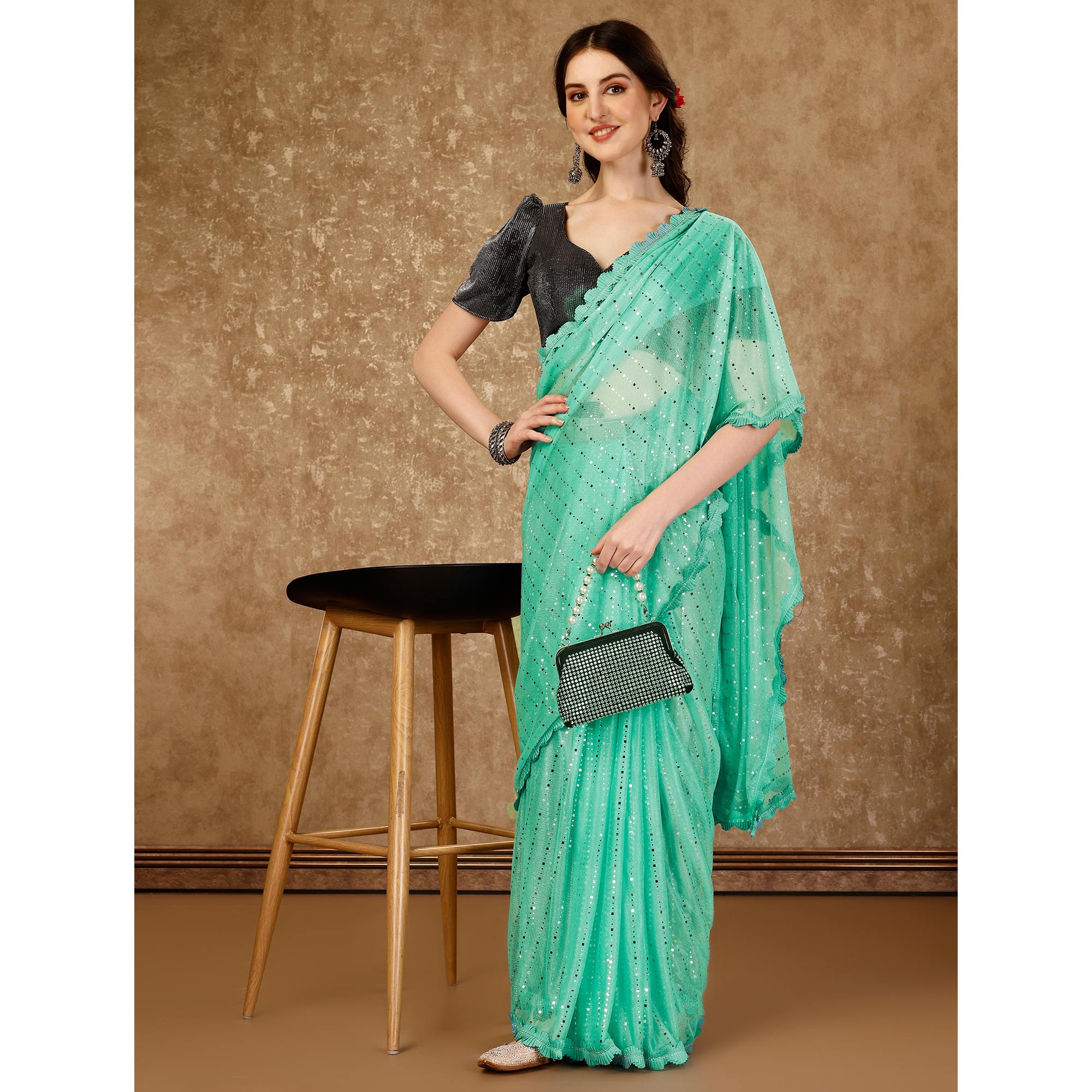 Sea Green Tikali With Swarovski Work Lycra Ready To Wear Saree