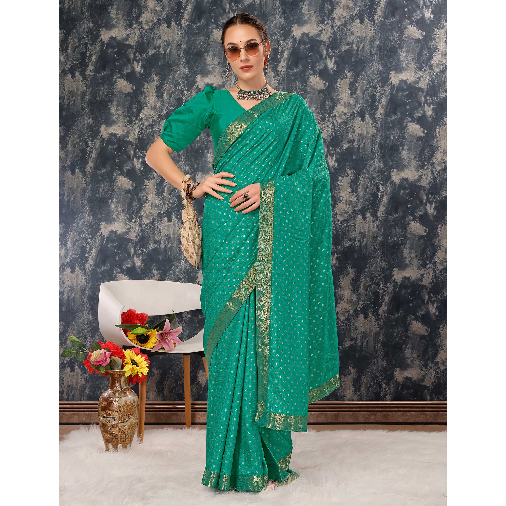 Rama Green Floral Foil Printed Vichitra Silk Saree With Lace Border
