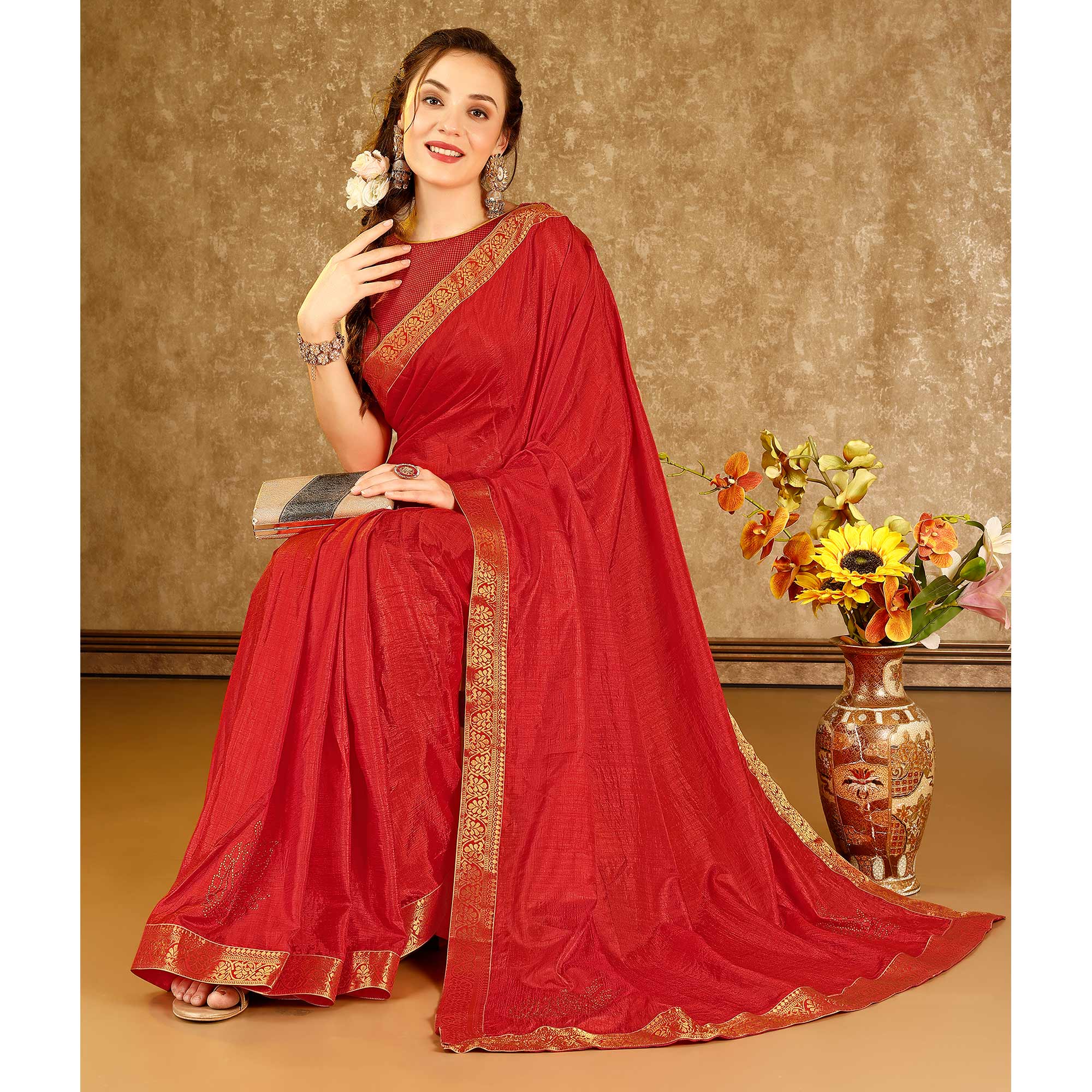 Red Floral Swarovski Work Vichitra Silk Saree With Lace Border