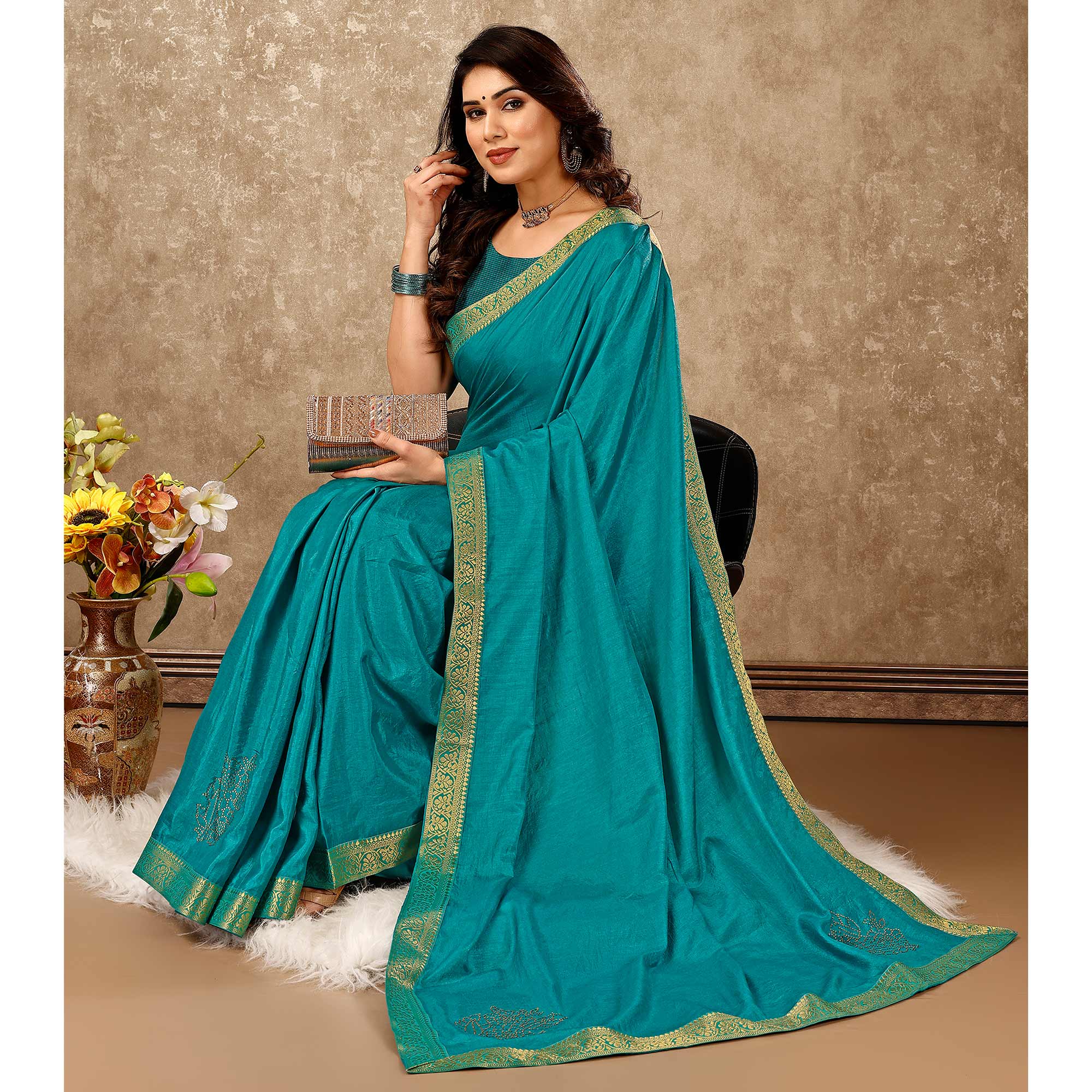 Blue Floral Swarovski Work Vichitra Silk Saree With Lace Border