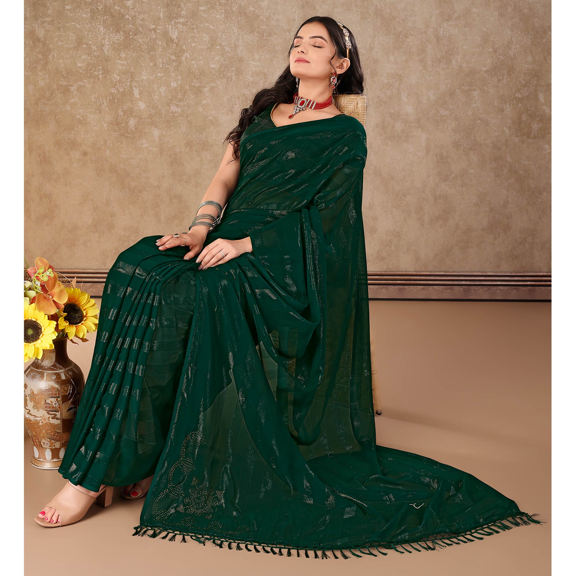 Green Swarovski Work Chiffon Saree With Tassels