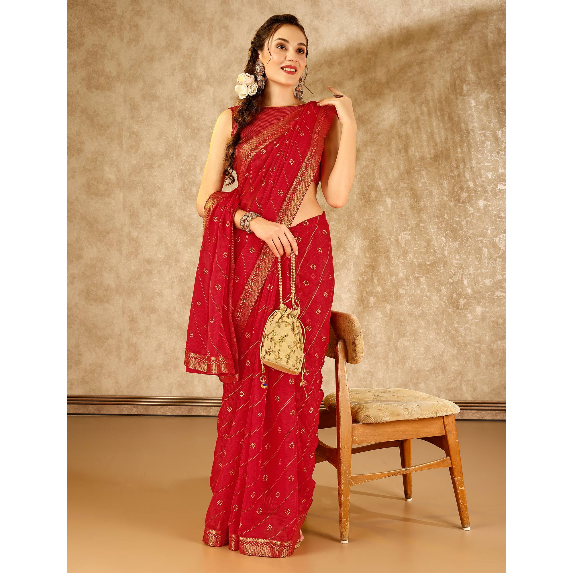Red Floral Foil Printed Chiffon Saree With Lace Border