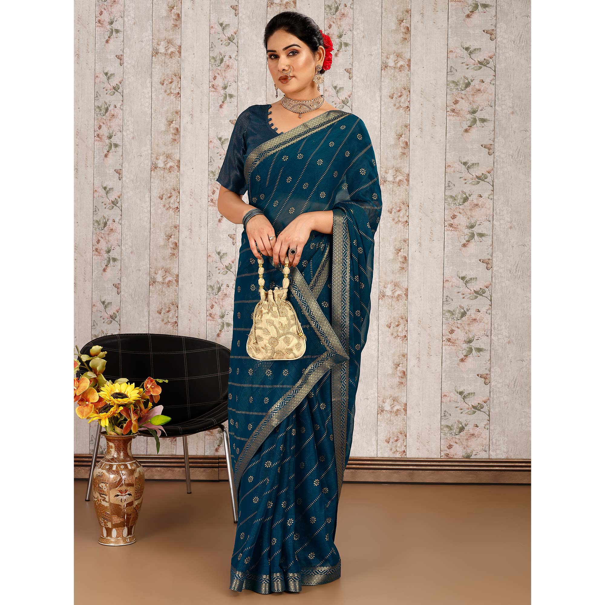 Blue Floral Foil Printed Chiffon Saree With Lace Border
