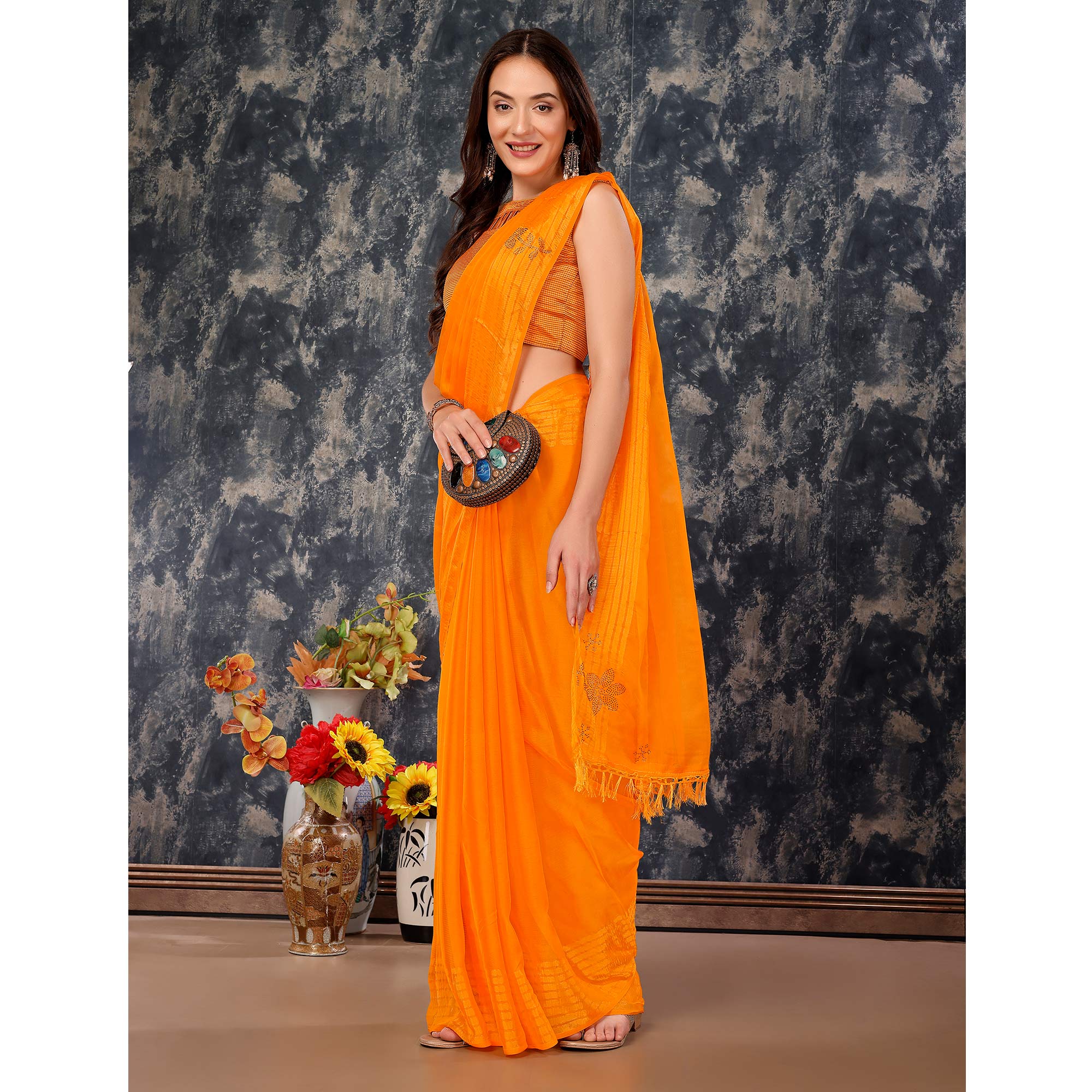 Orange Swarovski Work Chiffon Saree With Woven Border