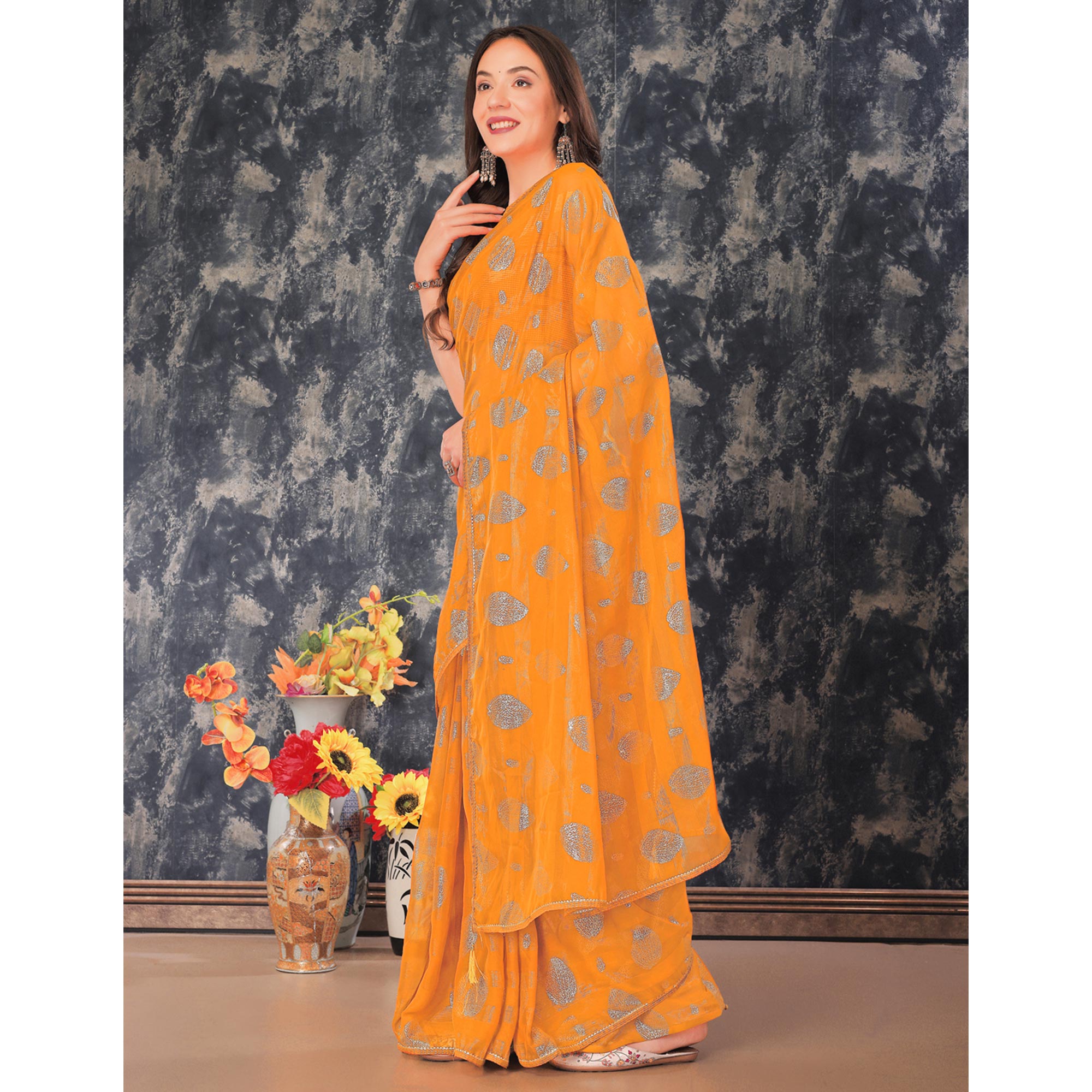 Mustard Foil Printed Chiffon Saree With Gota Patti Lace Border