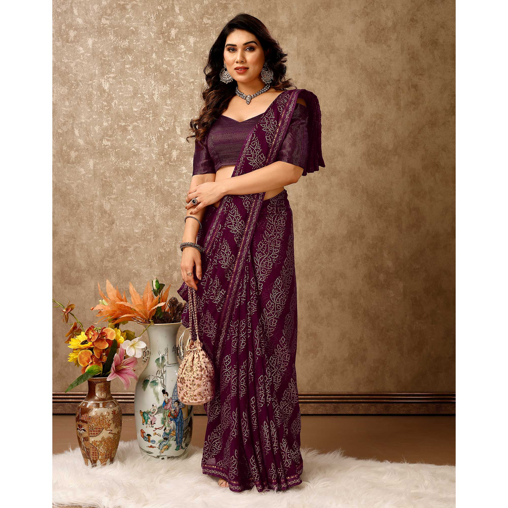 Purple Bandhani Foil Printed Chiffon Saree With Lace Border