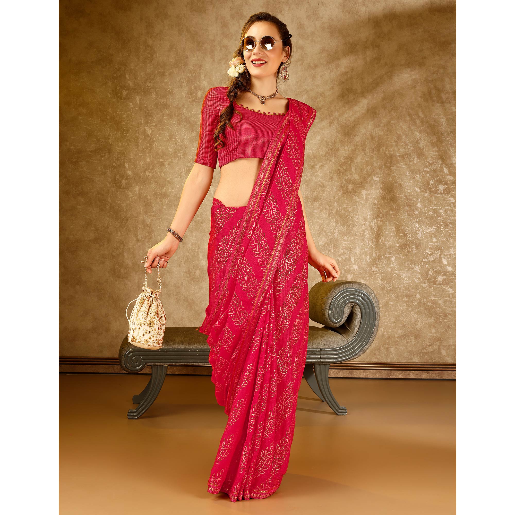 Pink Bandhani Foil Printed Chiffon Saree With Lace Border