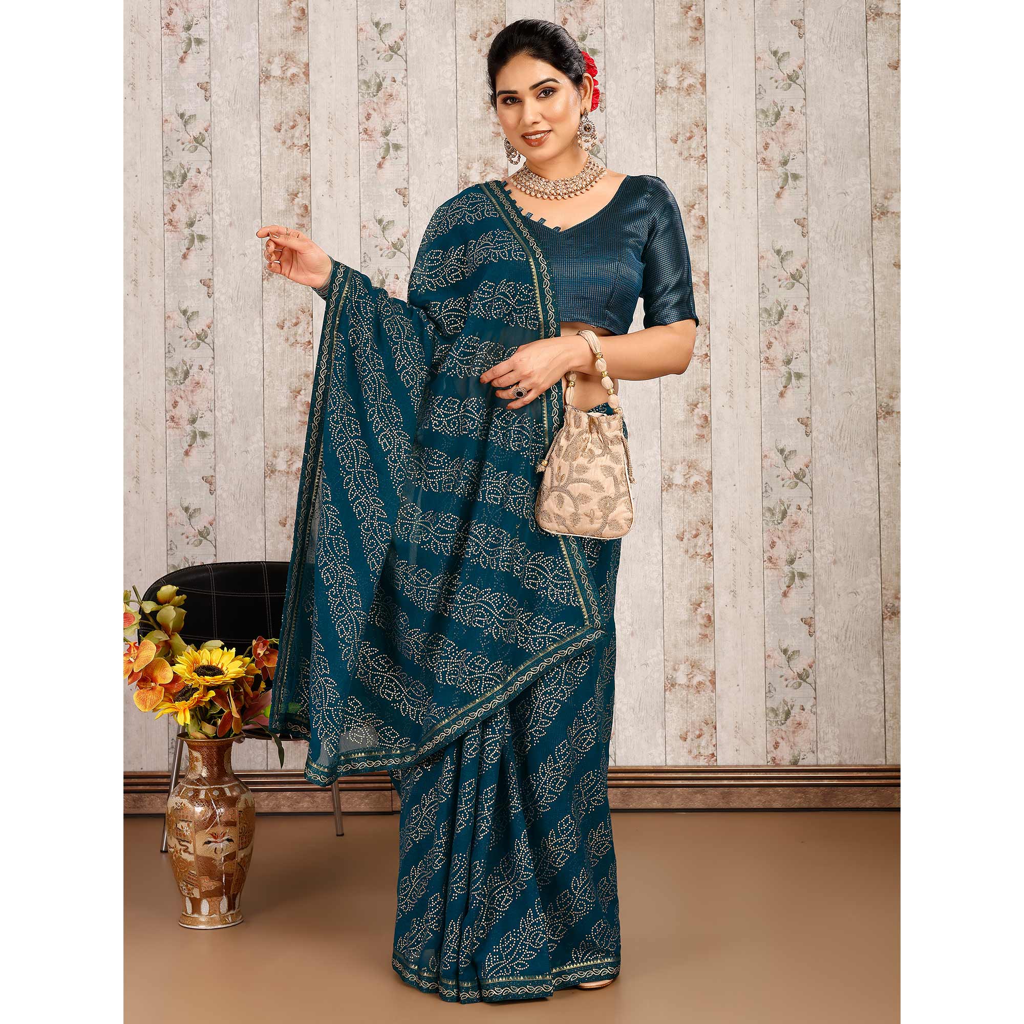 Blue Bandhani Foil Printed Chiffon Saree With Lace Border