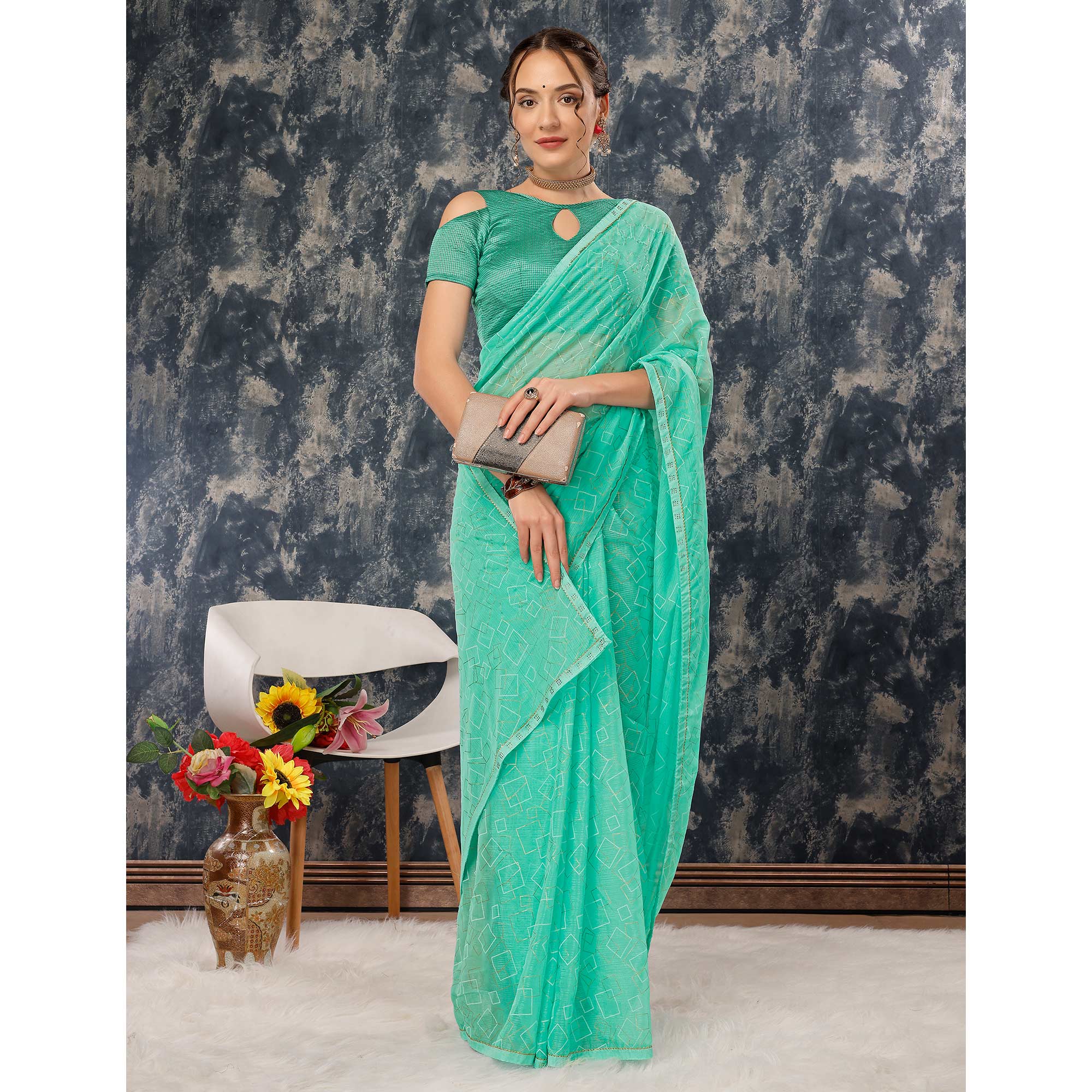 Sea Green Printed With Zari Work Chiffon Saree With Lace Border