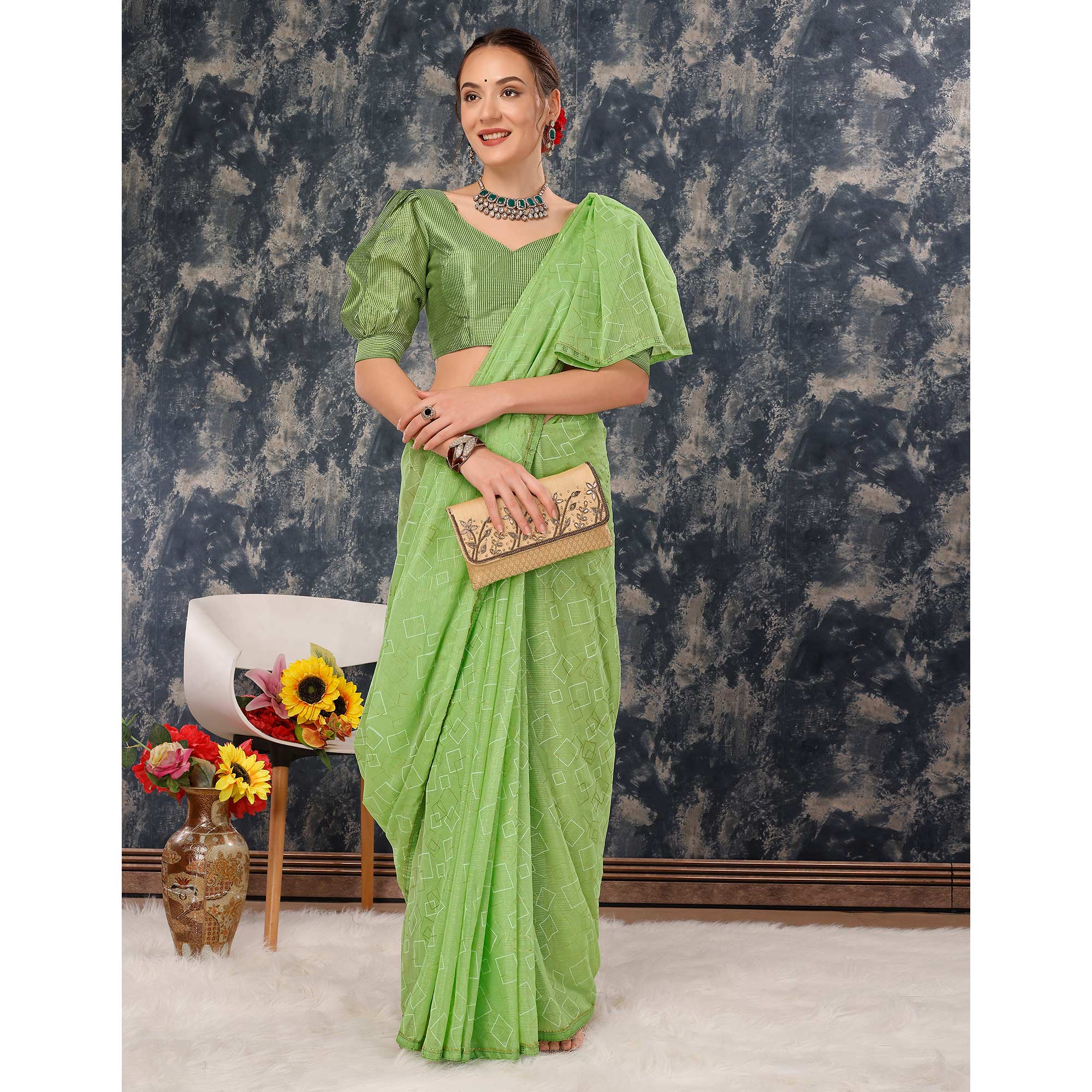 Green Printed With Zari Work Chiffon Saree With Lace Border