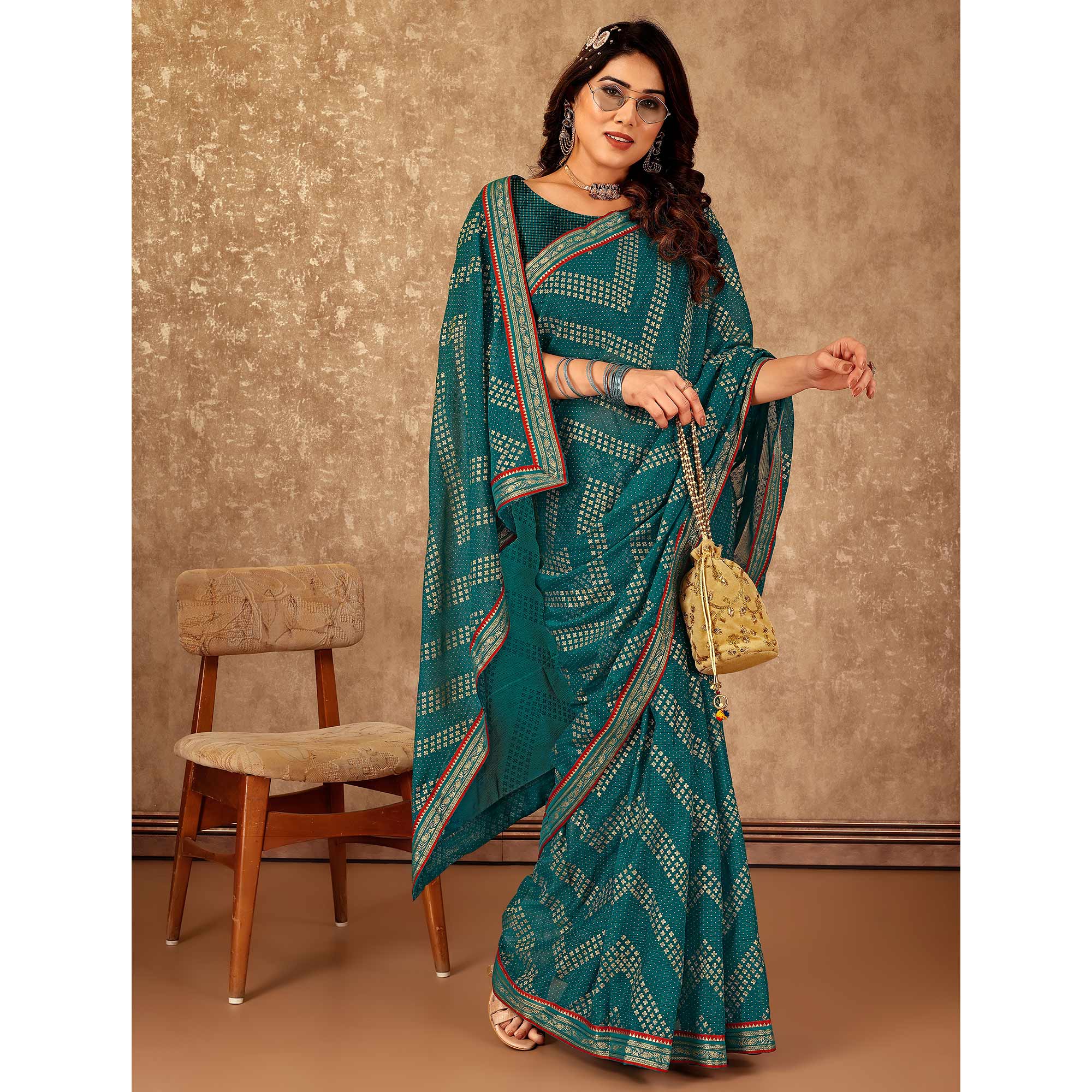 Teal Foil Printed Chiffon Saree With Lace Border
