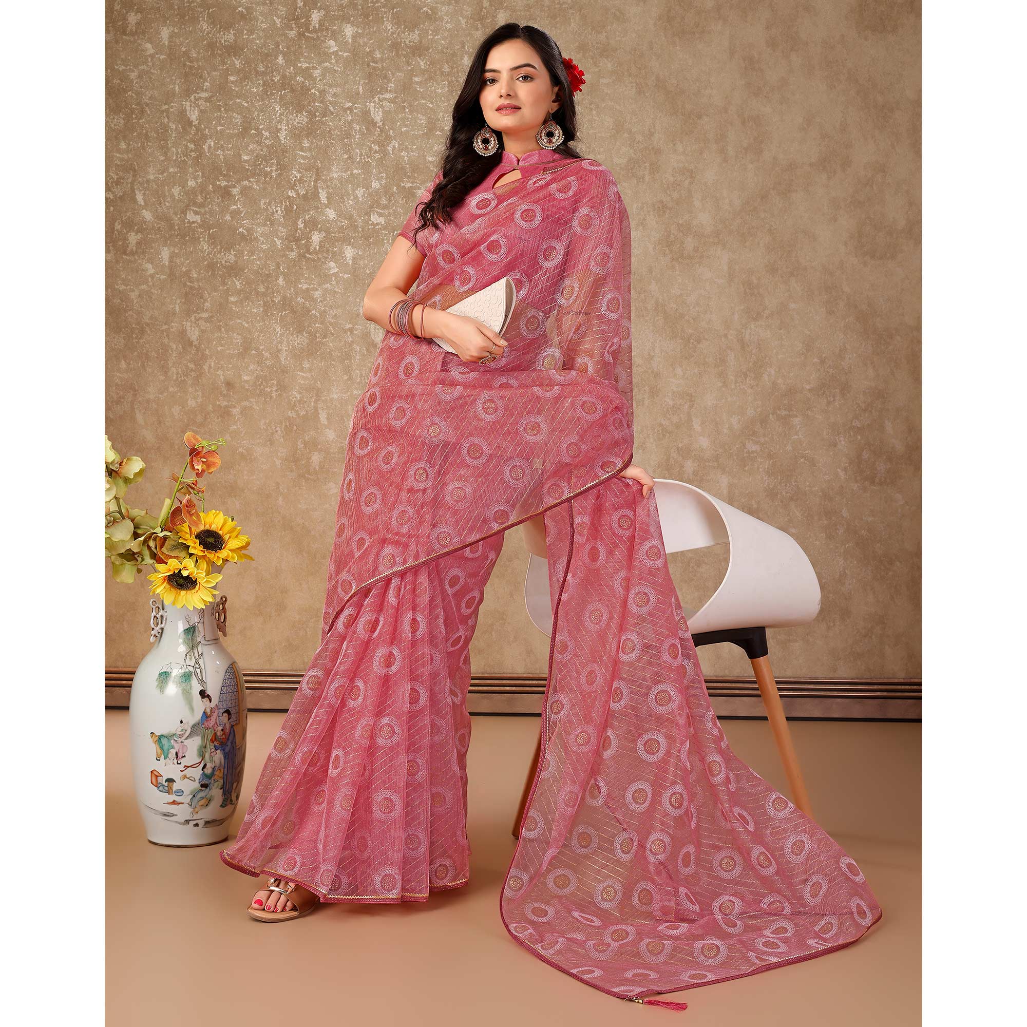 Pink Printed With Zari Work Cotton Silk Saree With Lace Border