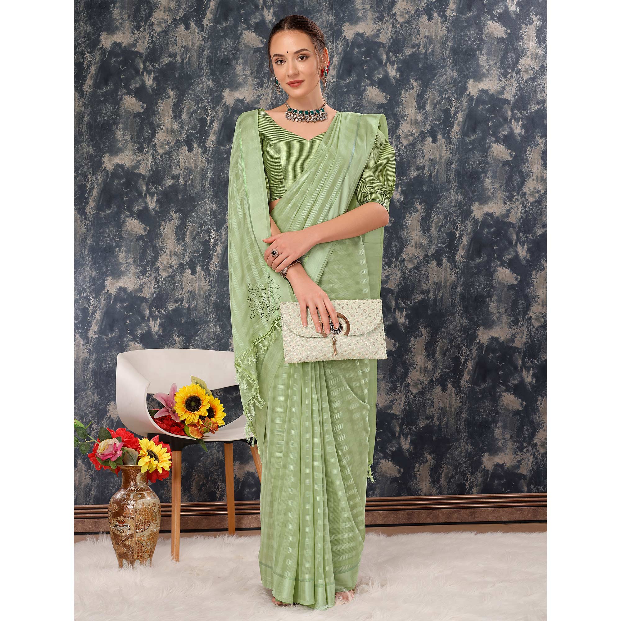 Green Swarovski Work Chiffon Saree With Tassels