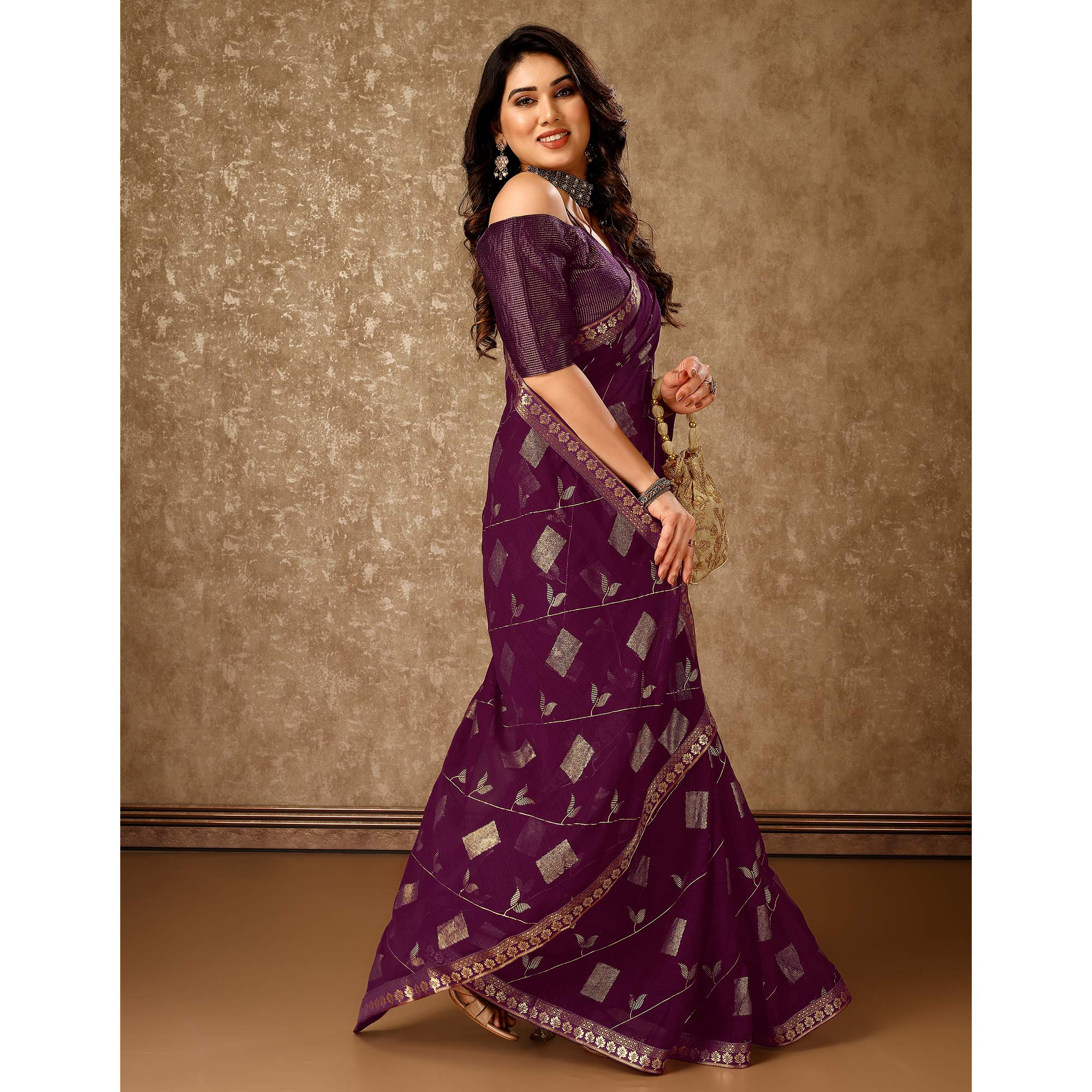 Purple Floral Foil Printed Chiffon Saree With Lace Border