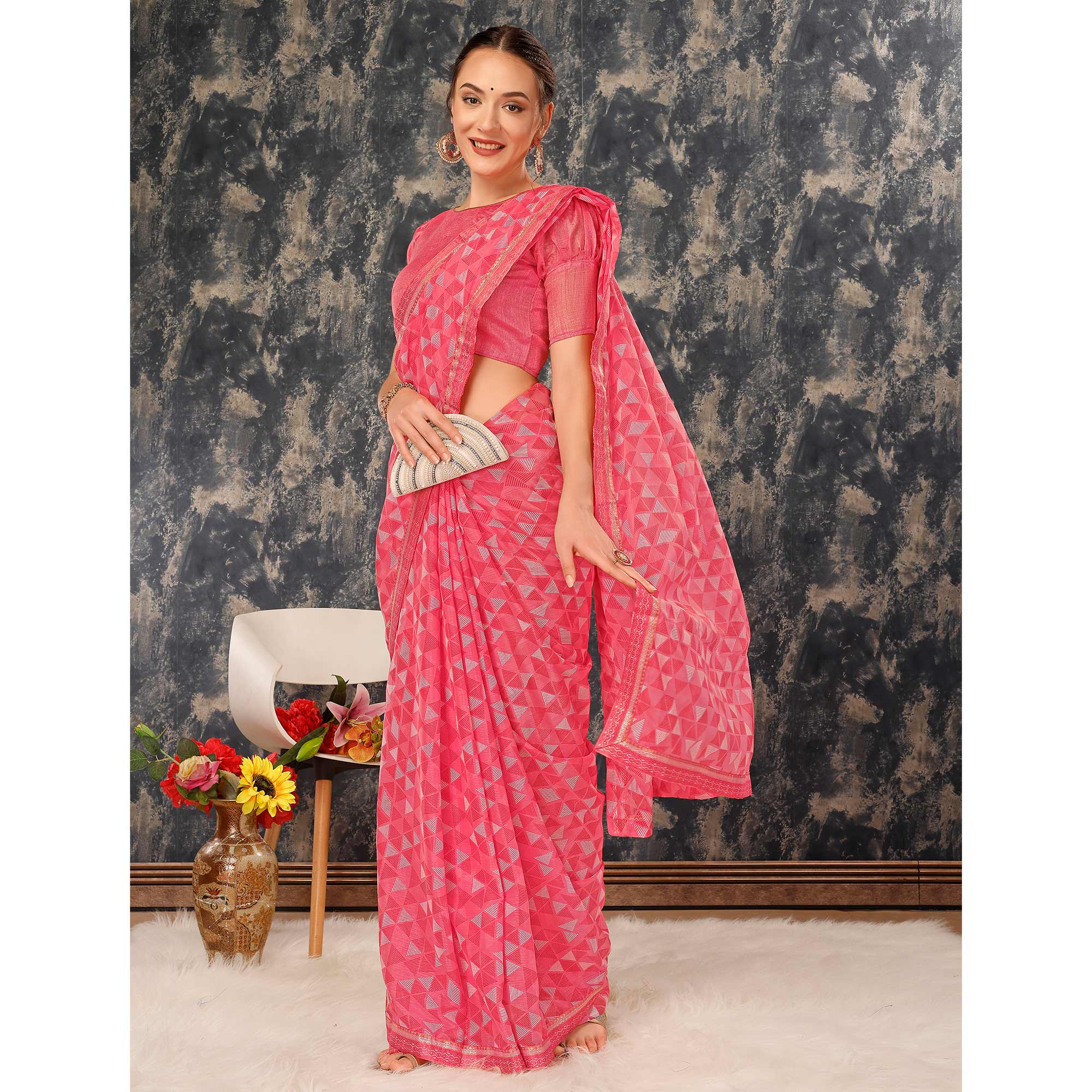 Pink Geometric Printed Chiffon Saree With Lace Border