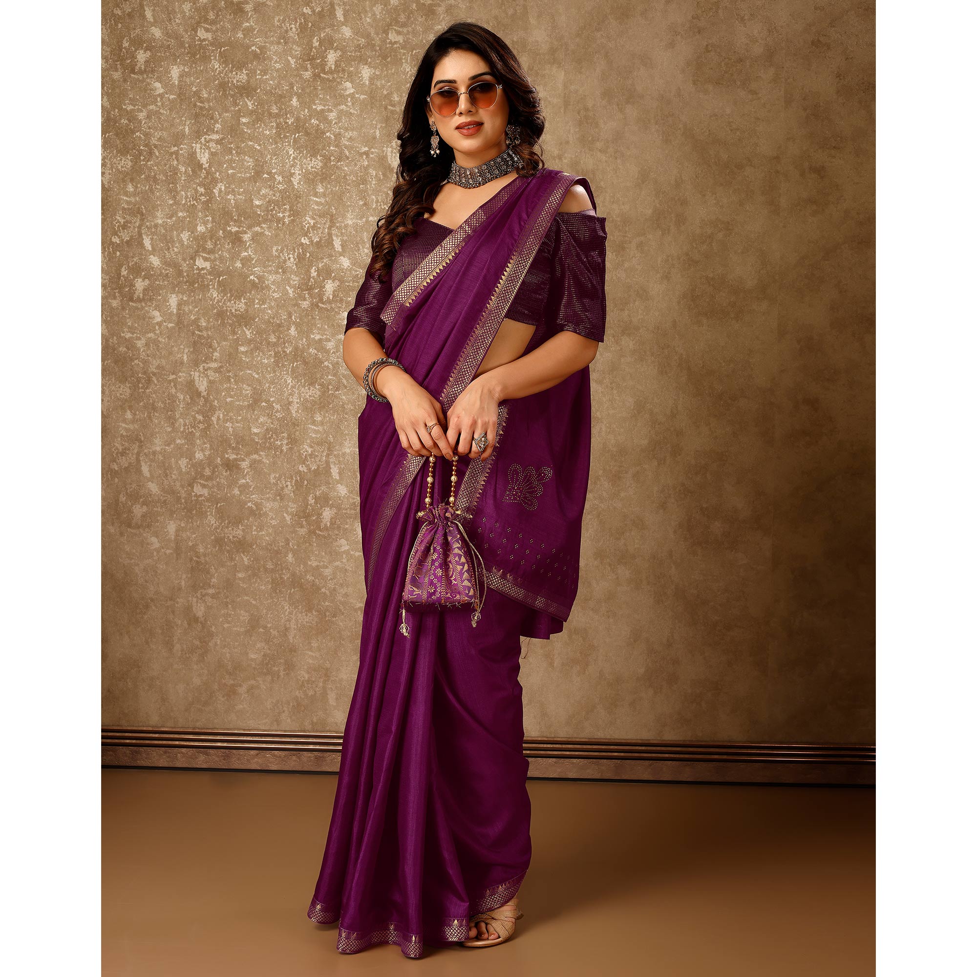 Purple Swarovski Work Vichitra Silk Saree With Lace Border