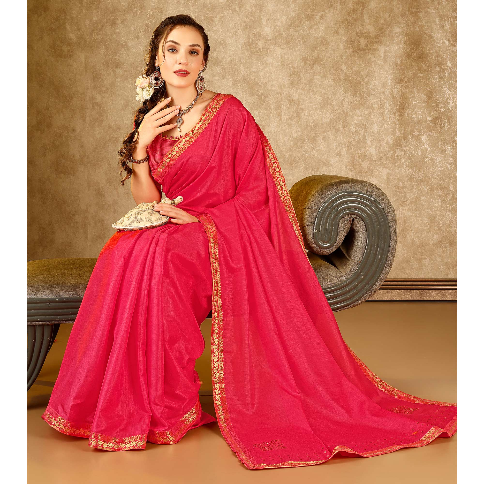 Pink Swarovski Work Vichitra Silk Saree With Lace Border