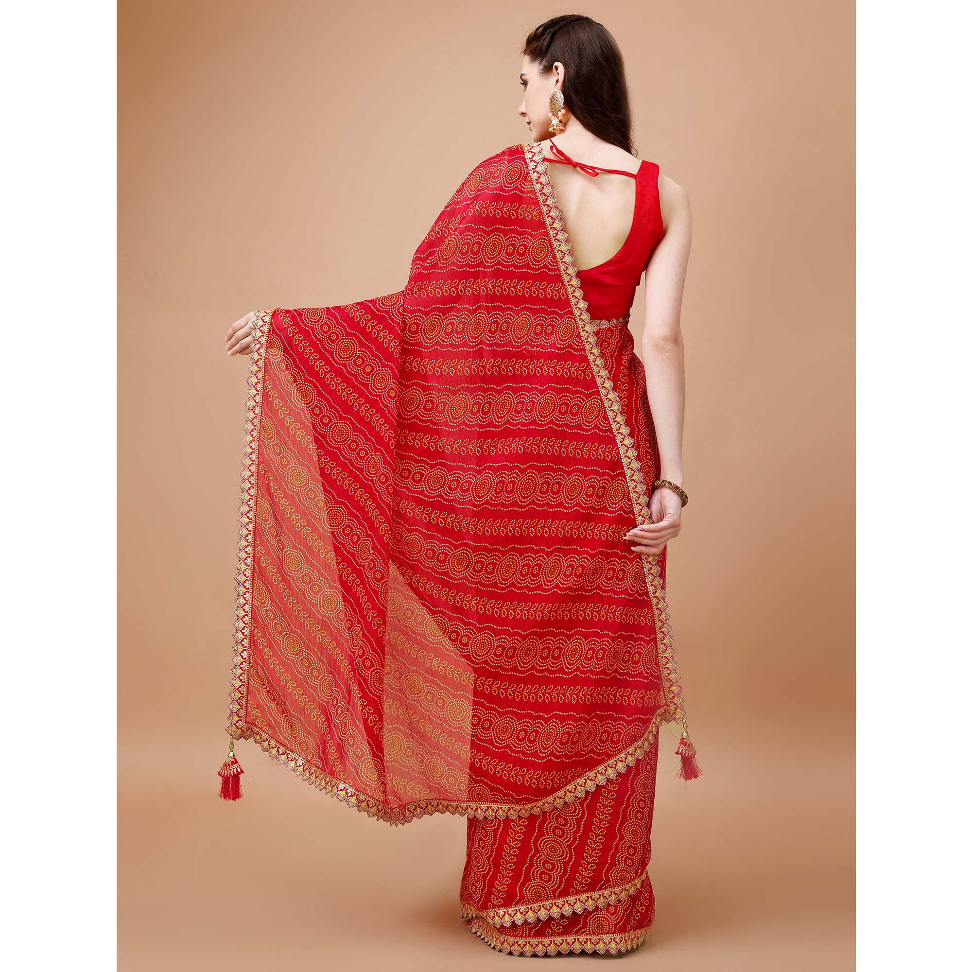 Red Bandhani Printed Chiffon Saree