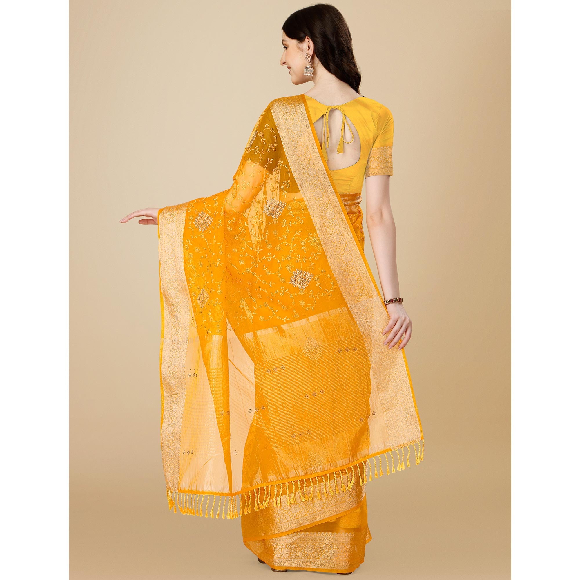 Yellow Floral Embroidered Organza Saree