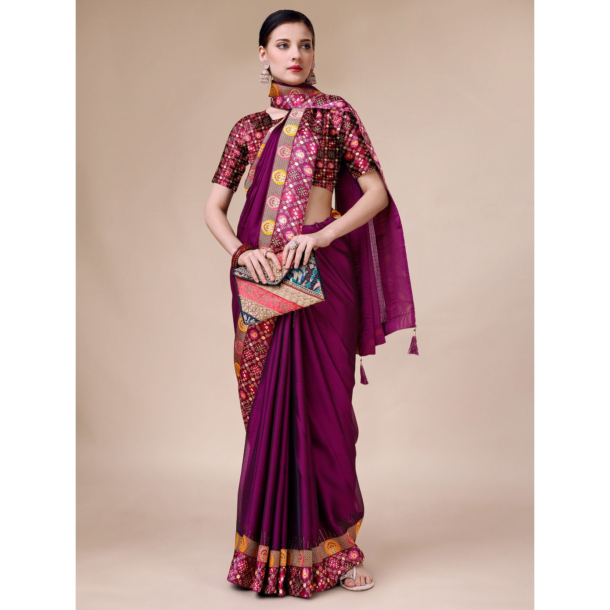 Purple Swarovski With Bandhani Printed Border Art Silk Saree