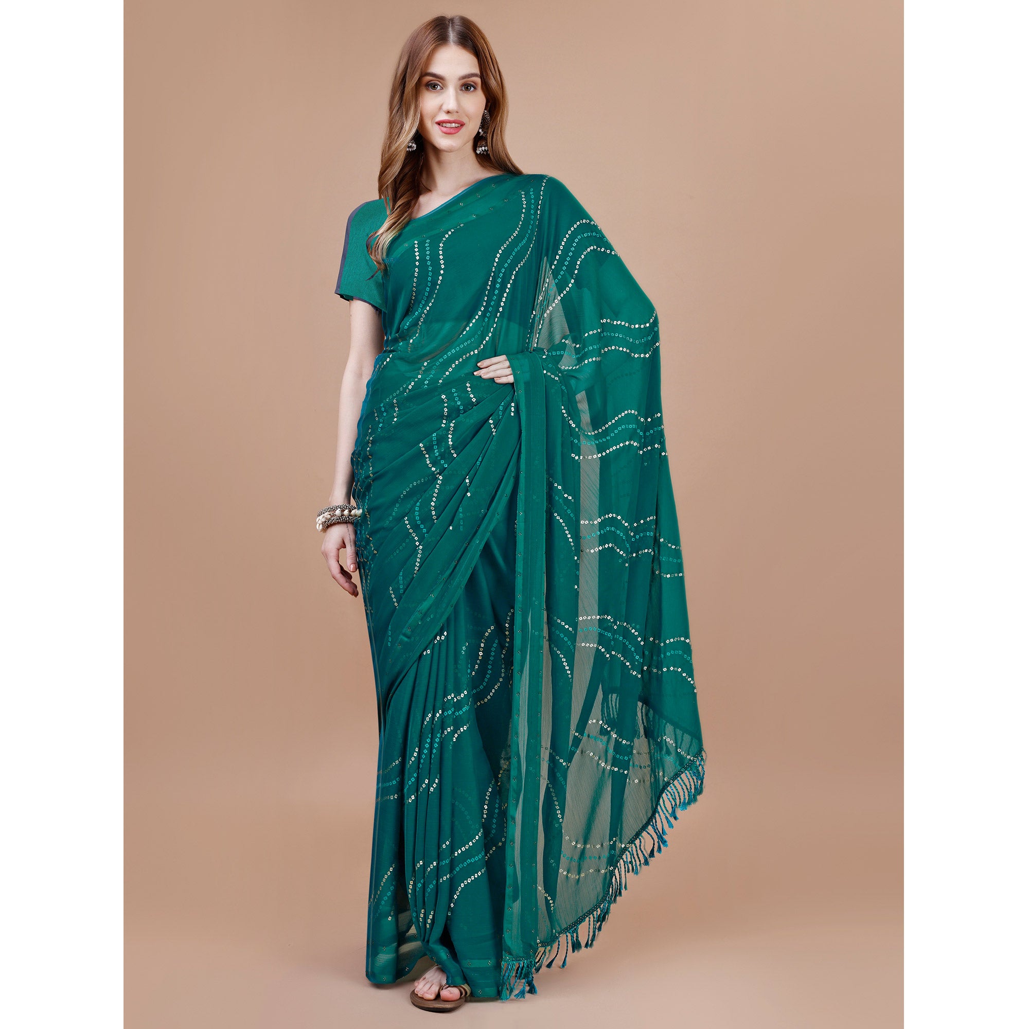 Teal Blue Bandhani Printed Chiffon Saree With Tassels