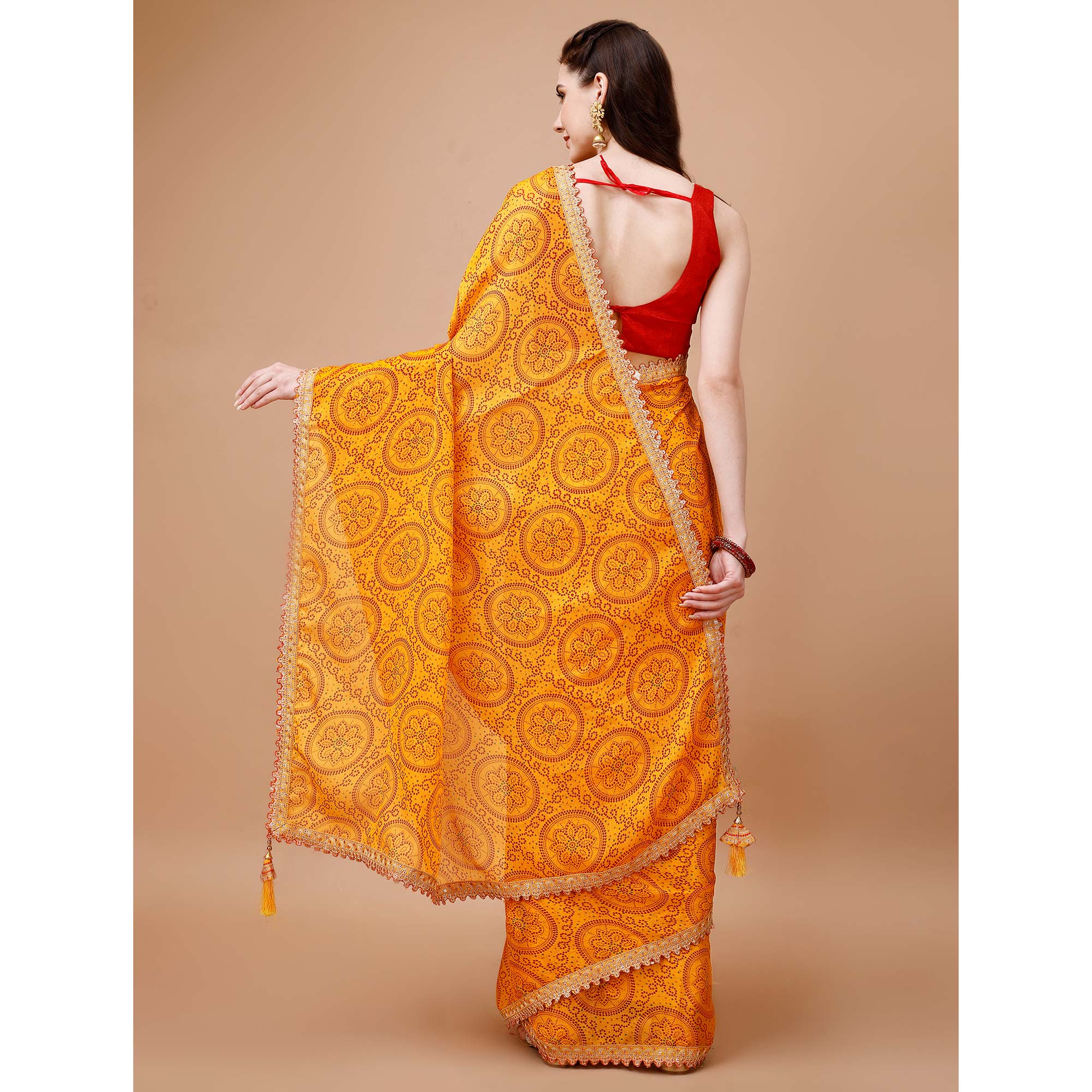 Yellow Bandhani Printed Chiffon Saree