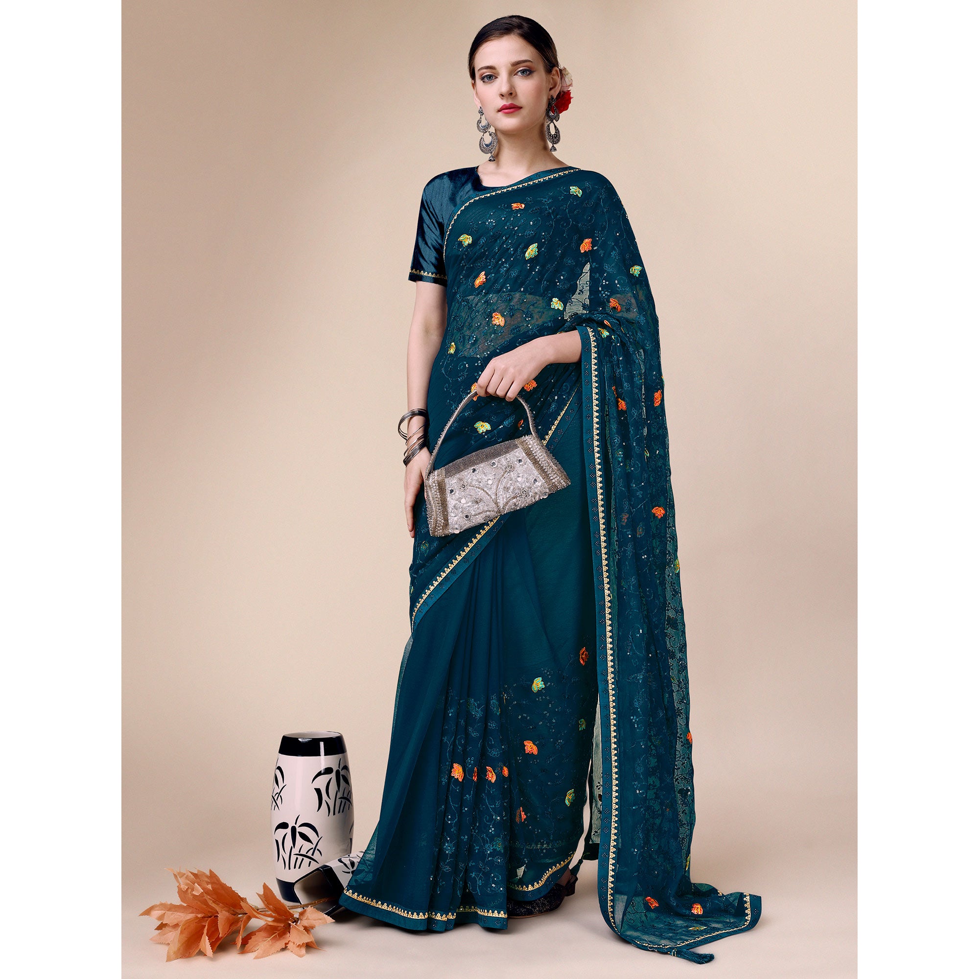 Teal Blue Floral Embroidered Chiffon Saree
