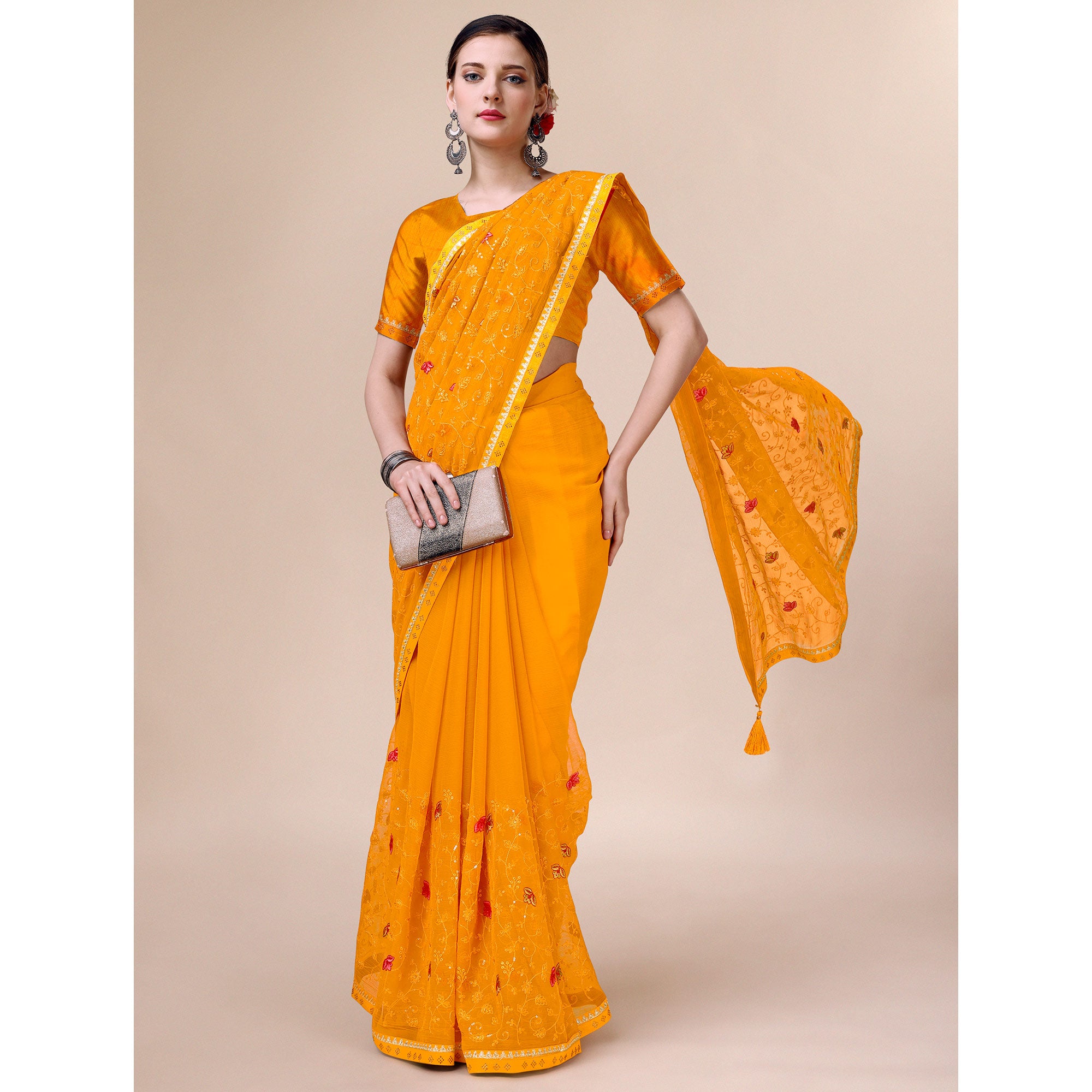 Mustard Floral Embroidered Chiffon Saree