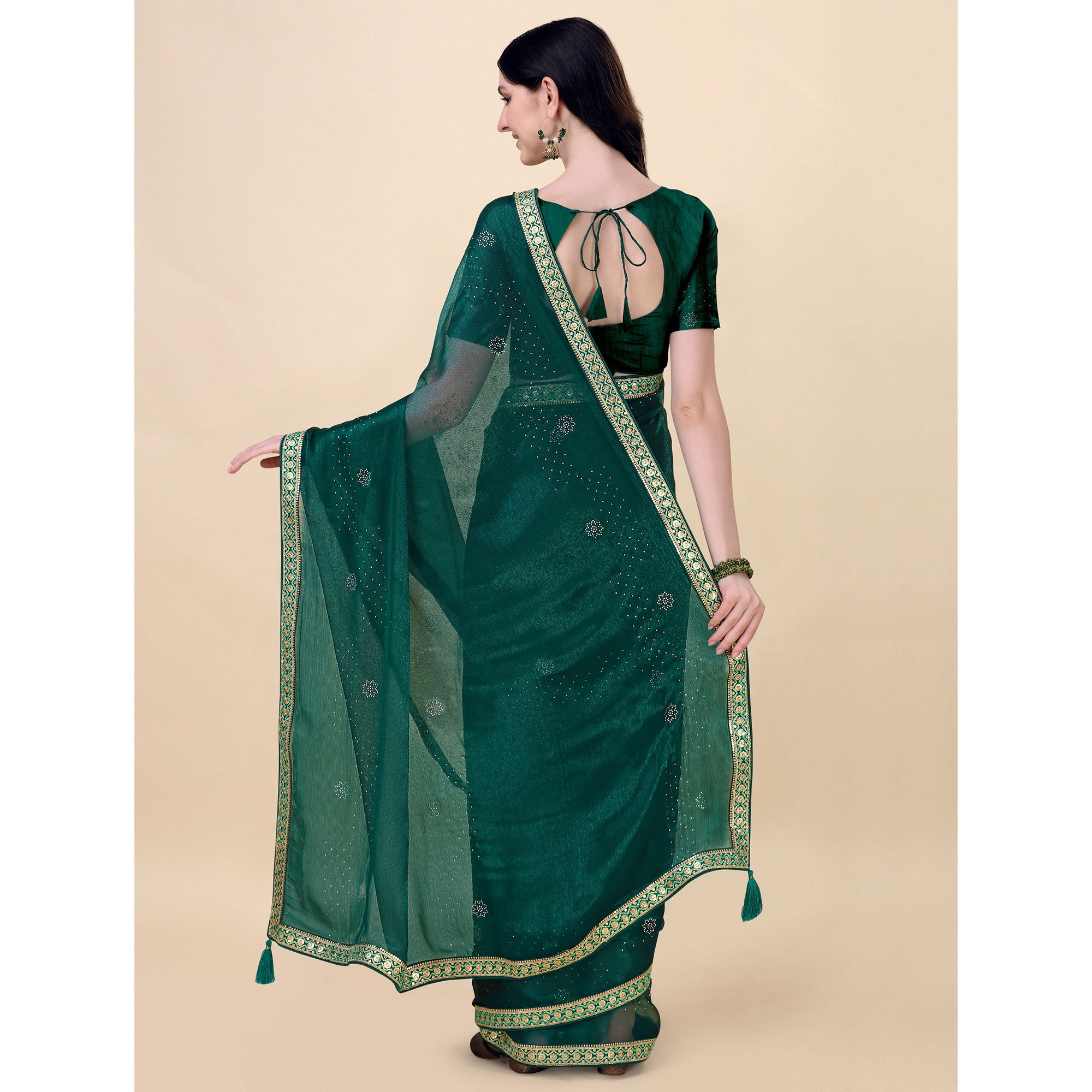 Green Swarovski With Sequins Embroidered Chiffon Saree