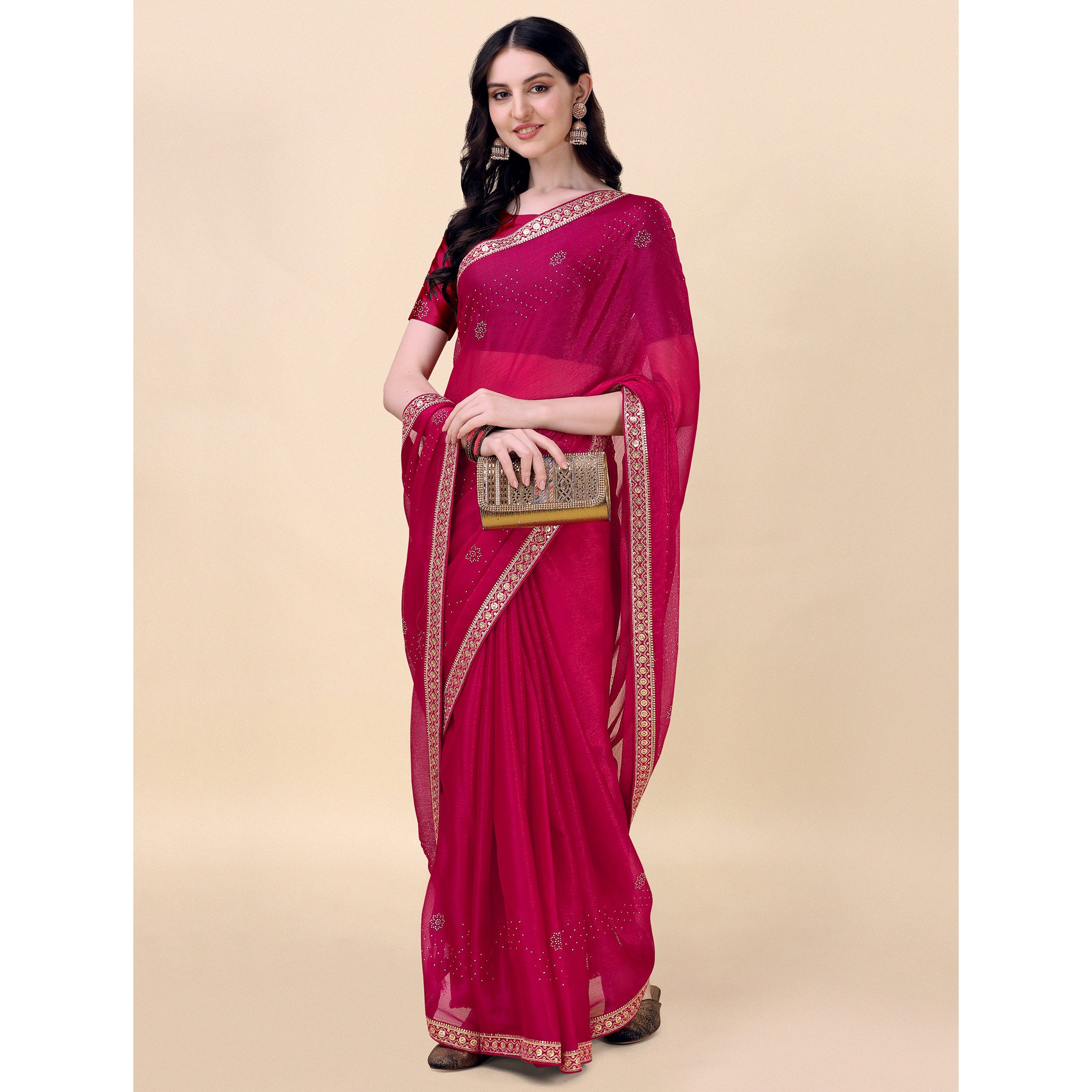Pink Swarovski With Sequins Embroidered Chiffon Saree