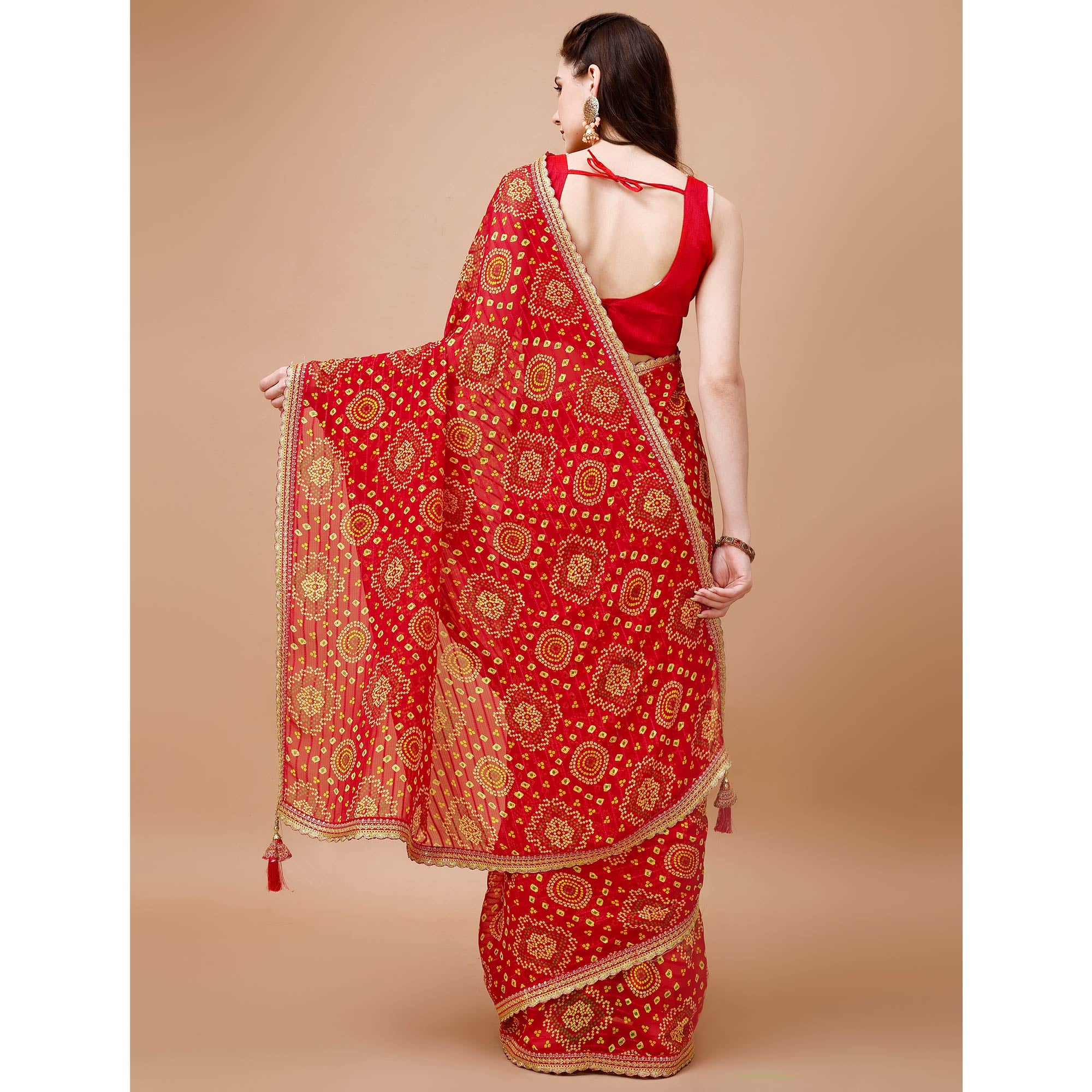 Red Bandhani Printed Georgette Saree