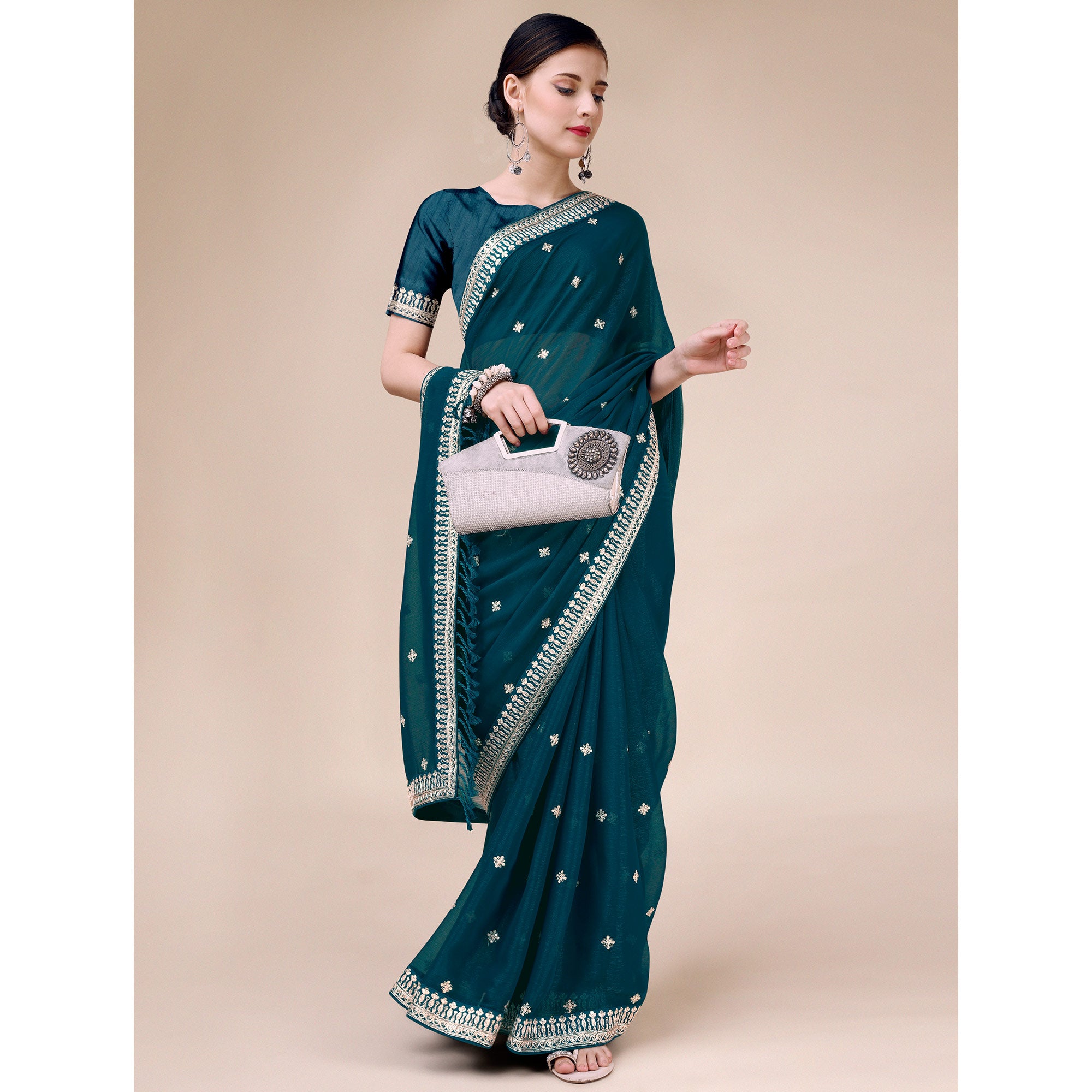 Teal Blue Sequins Embroidered Chiffon Saree