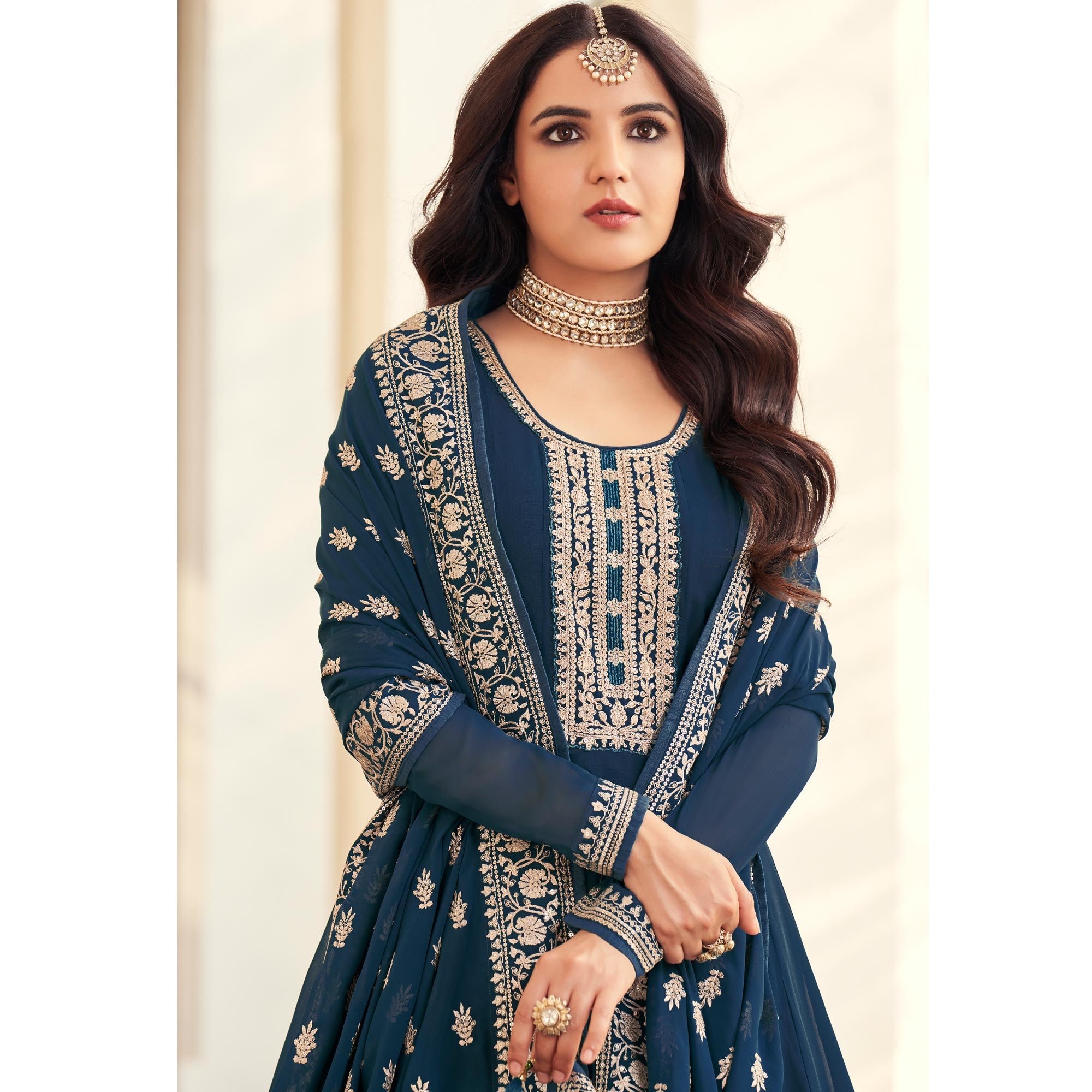 Blue Sequins Embroidered Georgette Semi Stitched Anarkali Suit