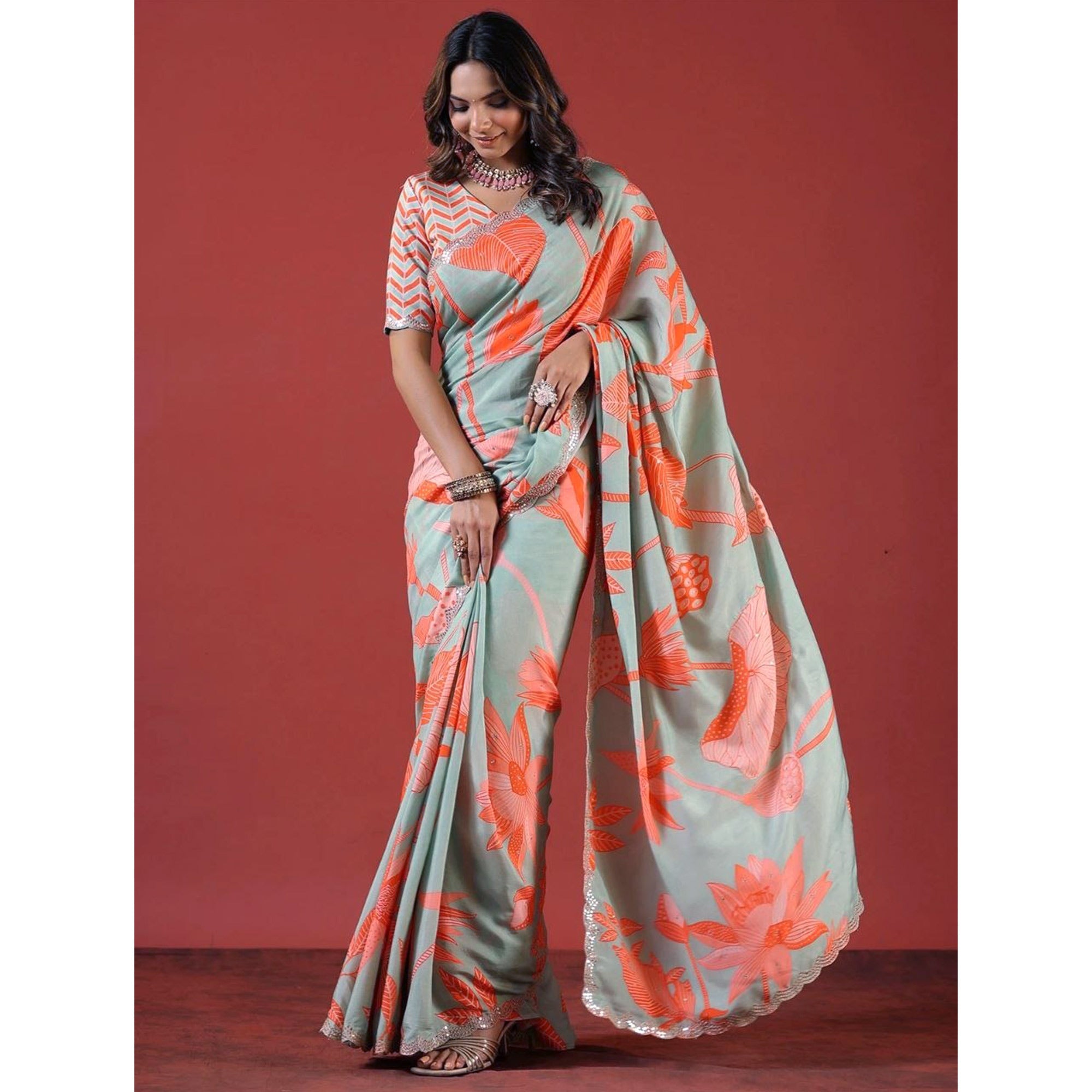 Turquoise & Orange Sequin Embroidered Vichitra Silk Saree