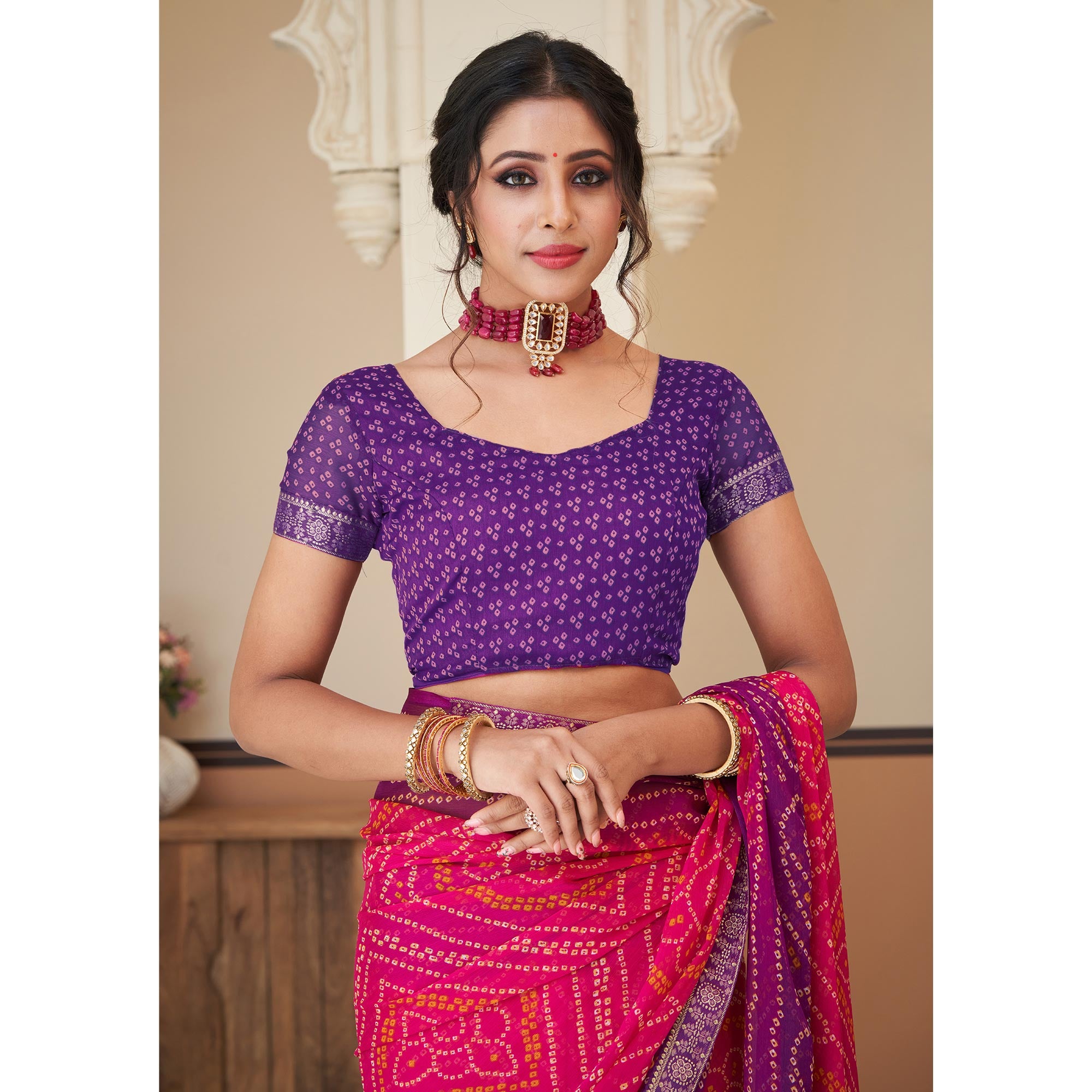 Magenta & Purple Bandhani Printed Chiffon Saree With Lace Border