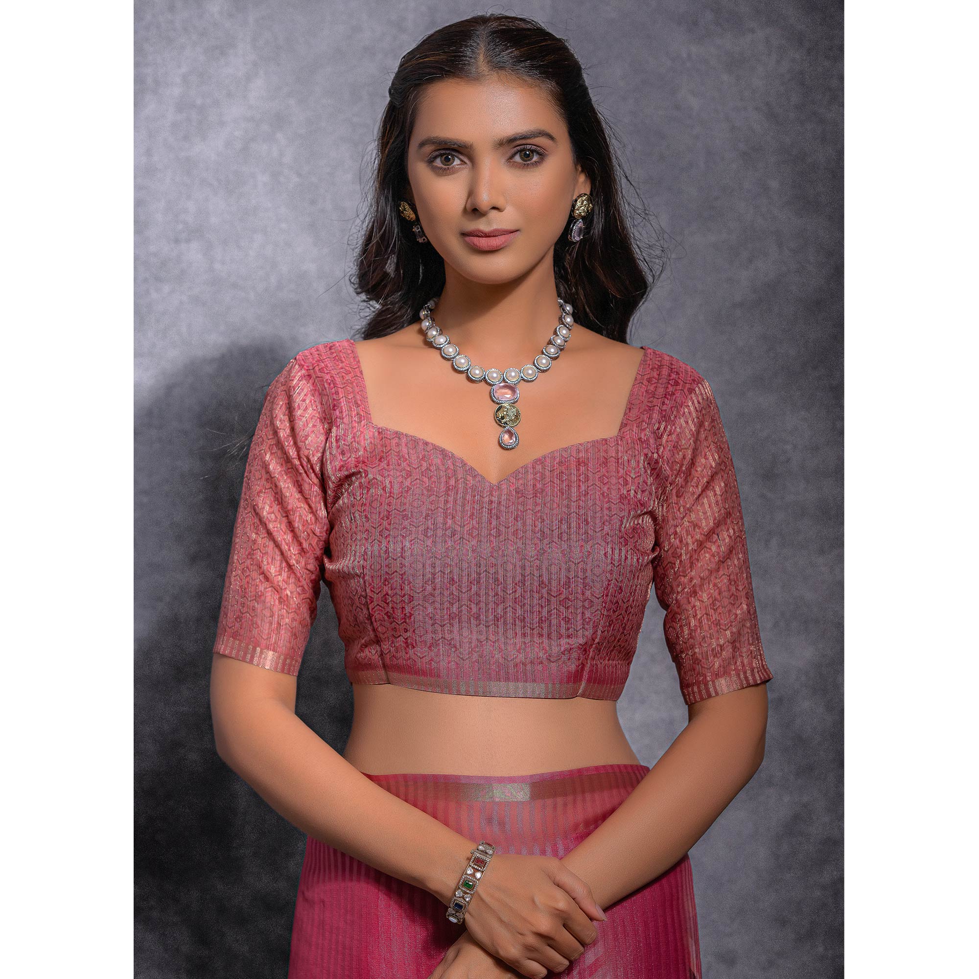 Pink Digital Printed Linen Saree With Woven Border