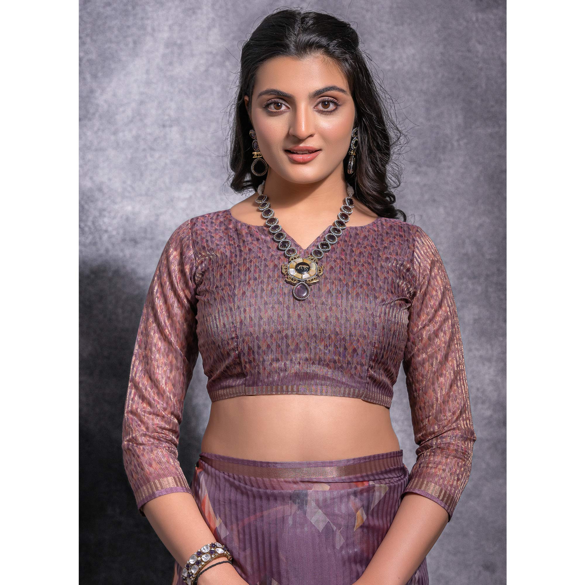 Purple Digital Printed Linen Saree With Woven Border