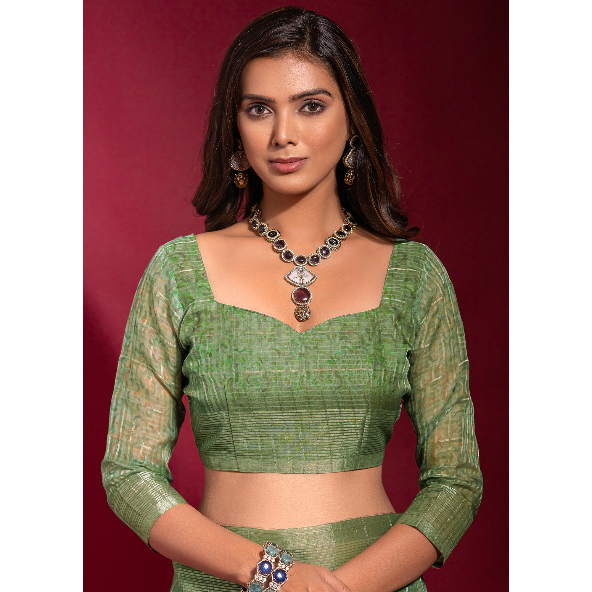 Green Digital Printed With Zari Work Linen Saree