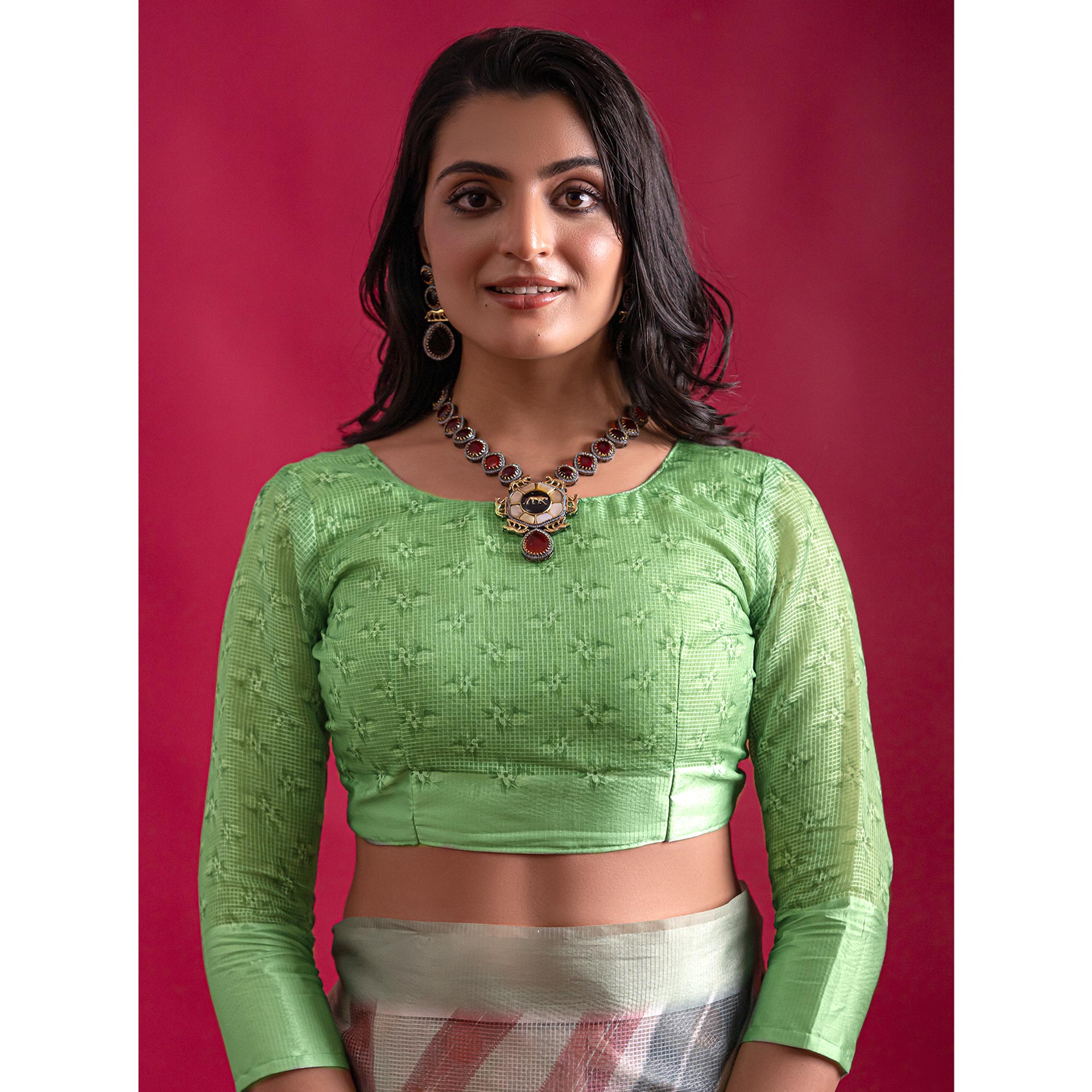 Green Floral Digital Printed Linen Saree With Woven Border