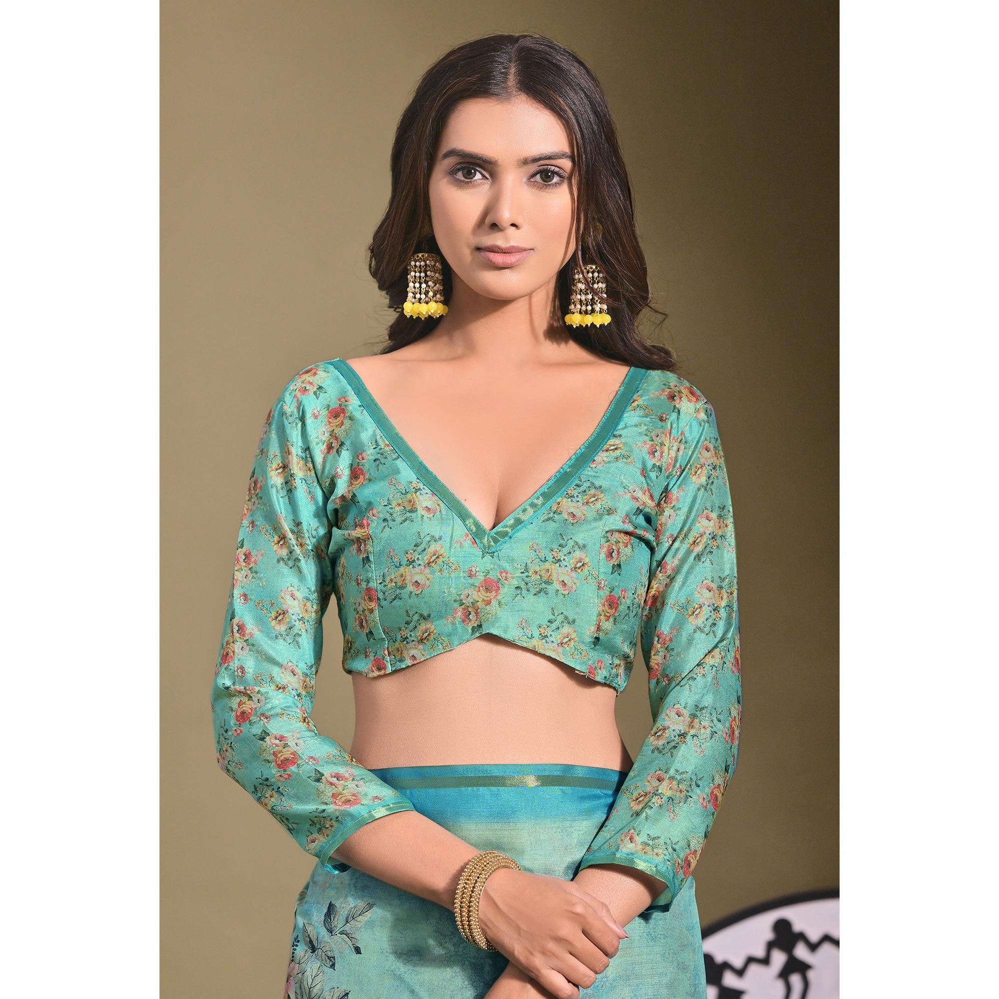 Turquoise Floral Digital Printed Tussar Silk Saree