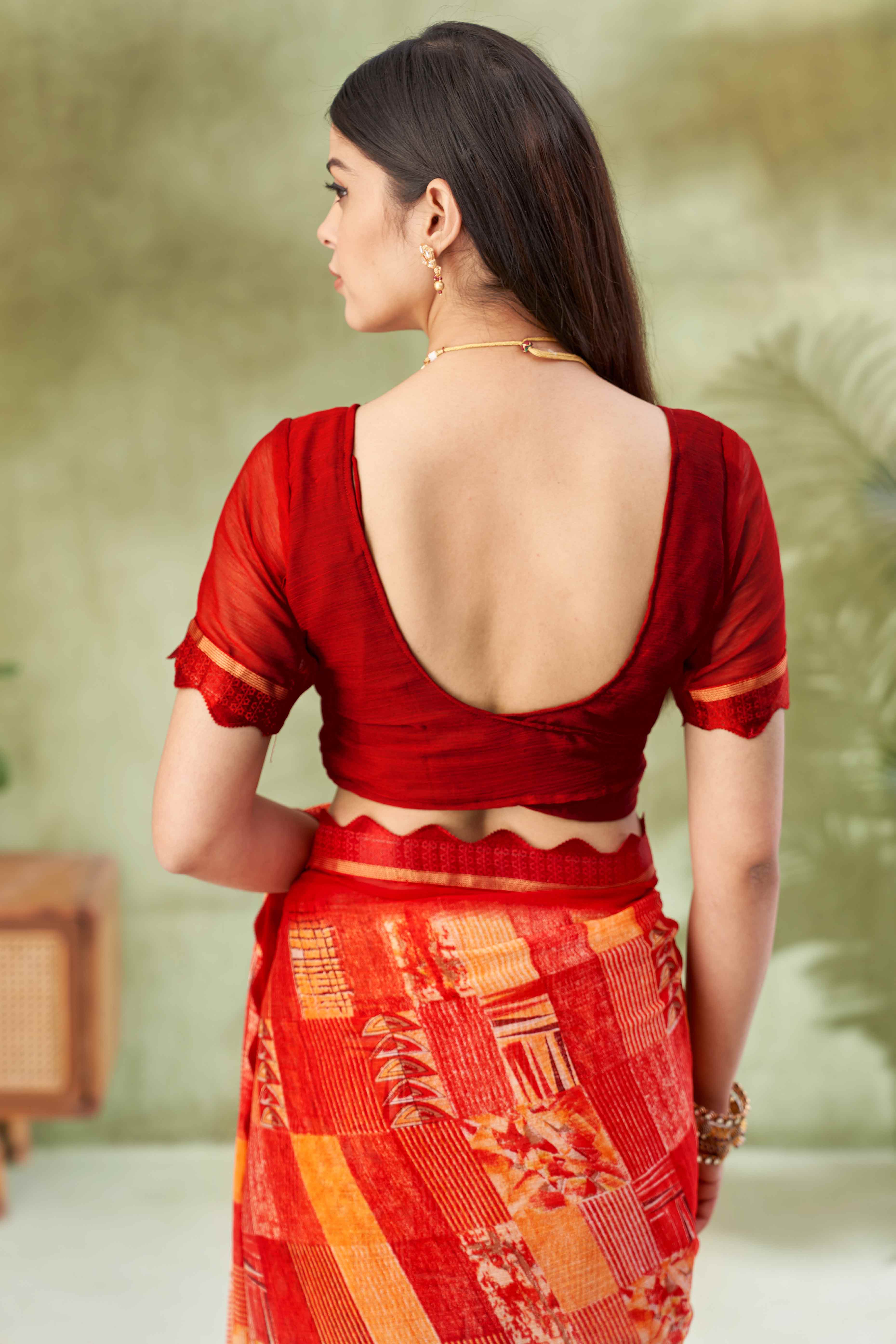 Maroon Digital Printed Chiffon Saree Accented With Elegant Lace Border