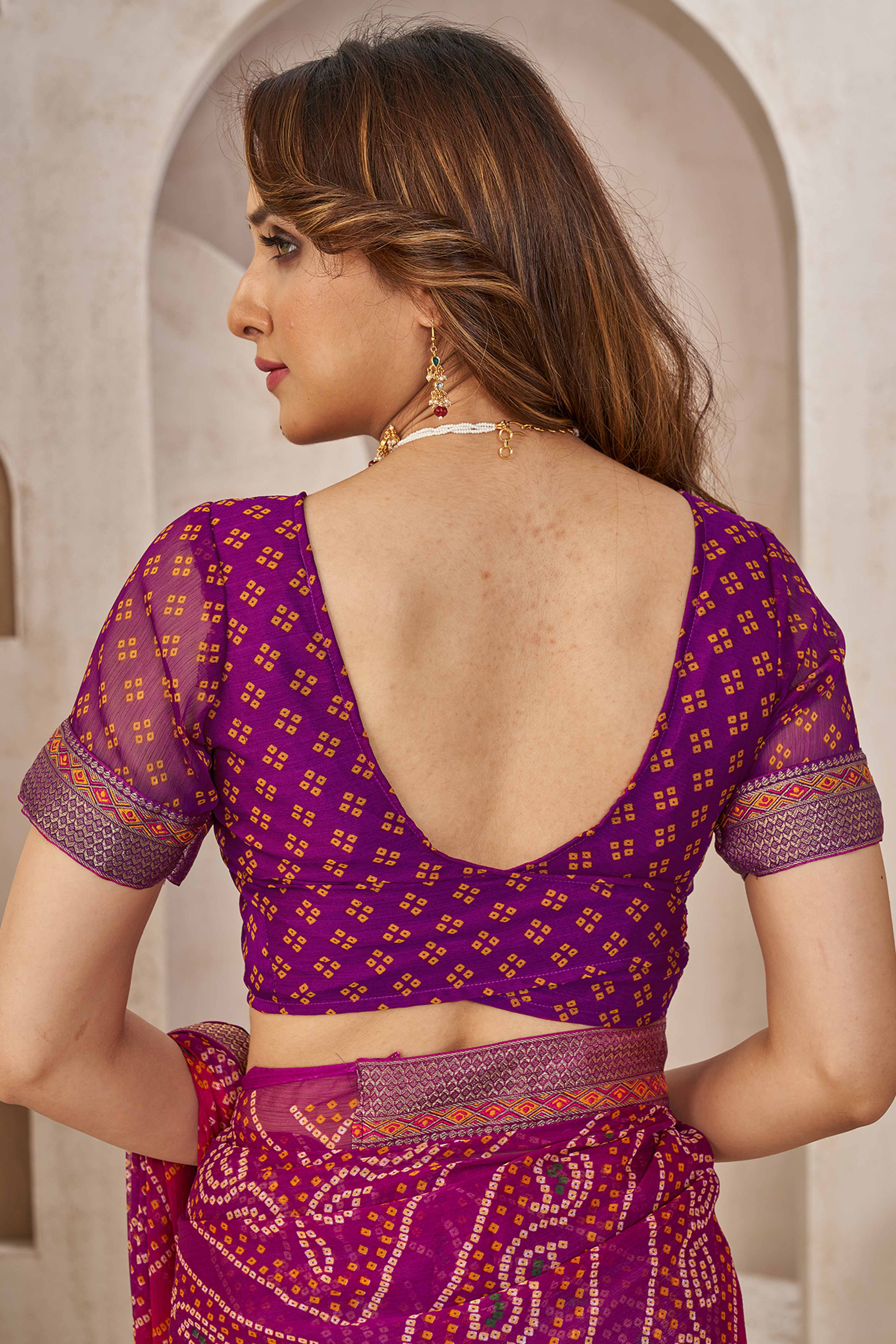 Purple Bandhani Printed Chiffon Saree Enhanced with Delicate Lace Border Work