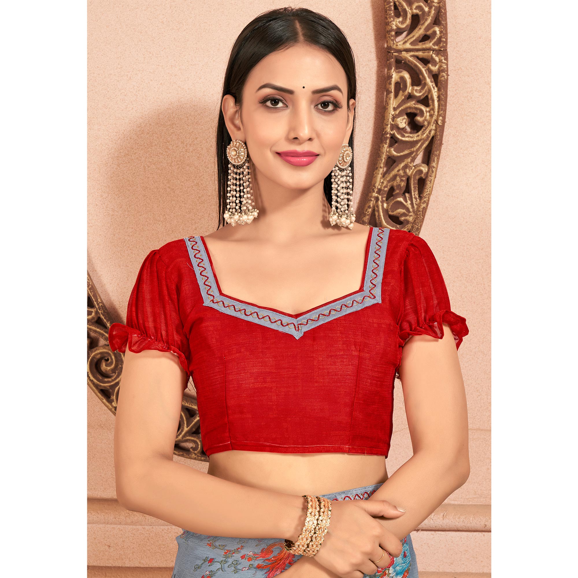 Grey Floral Printed Chiffon Saree With Lace Border