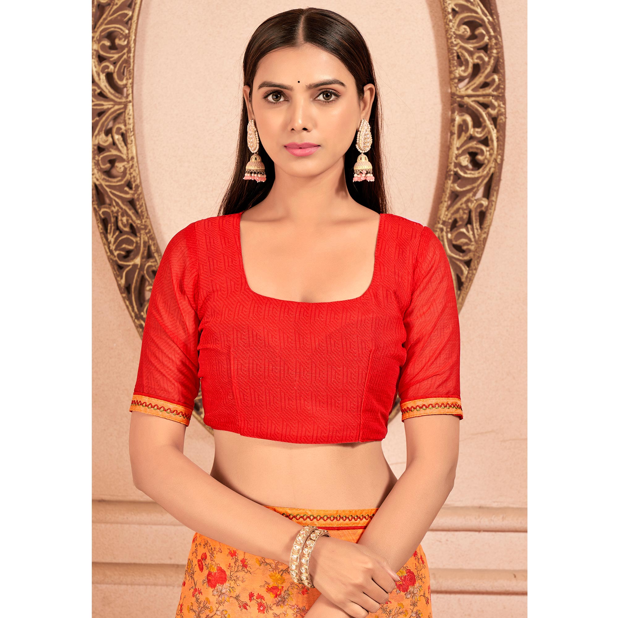 Orange Floral Printed Chiffon Saree With Lace Border