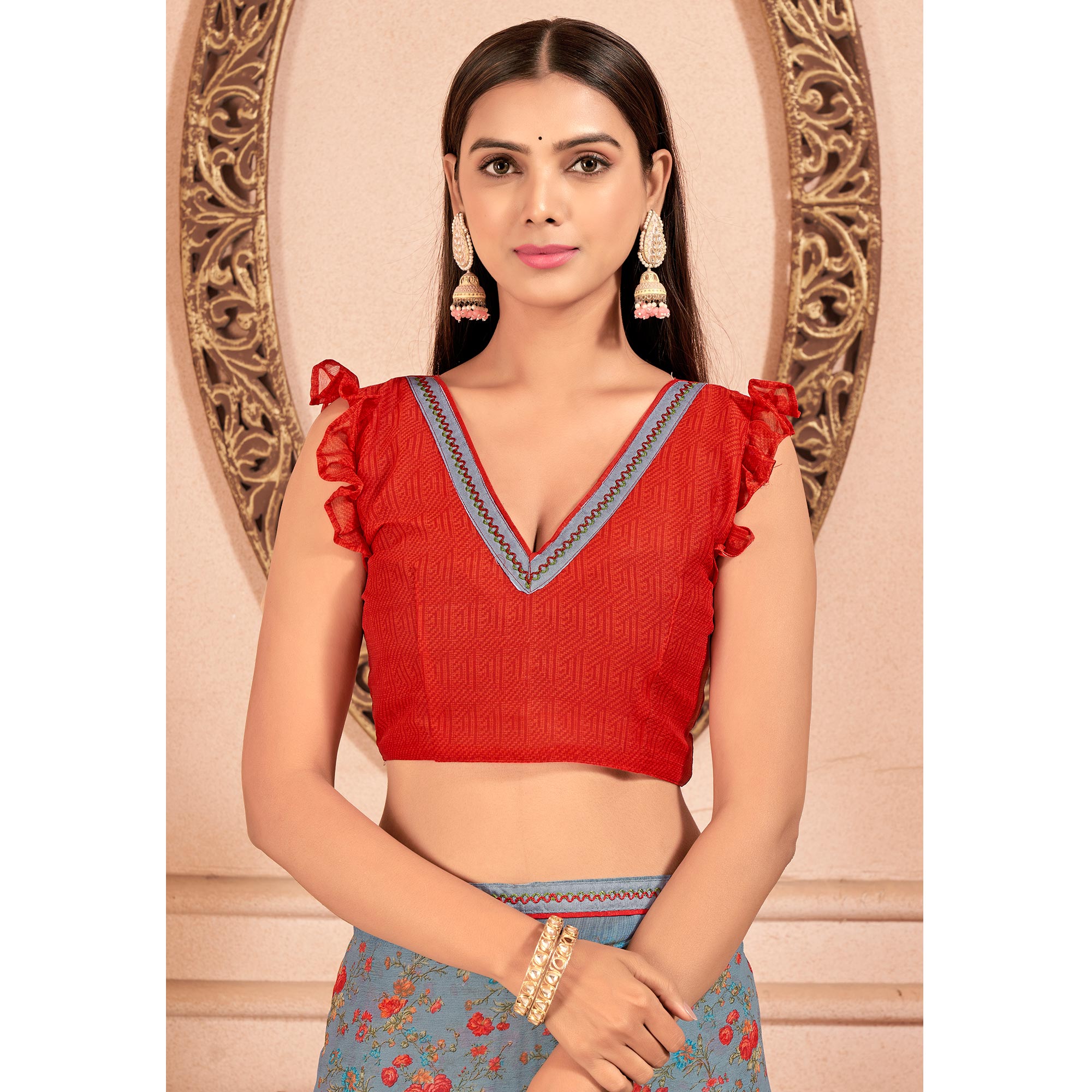 Grey Floral Printed Chiffon Saree With Lace Border